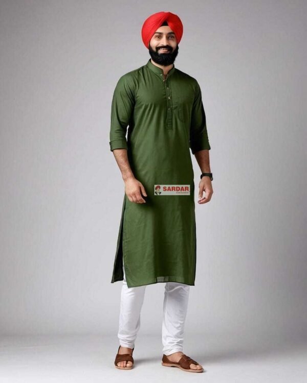 SARDAR EXCLUSIVE OLIVE GREEN KURTA WHITE CHURIDAR PAJAMI - Image 3