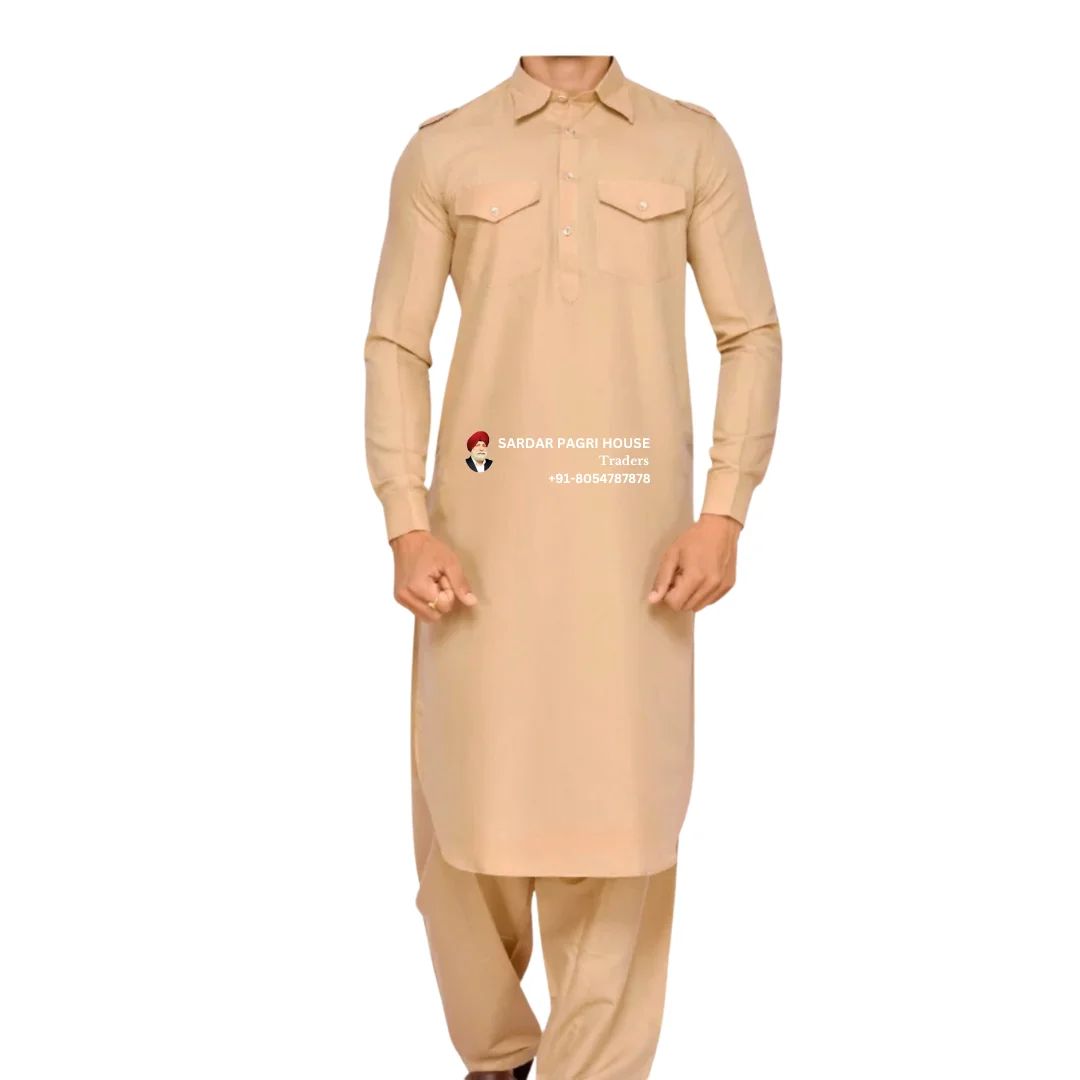 Beige Pathani Kurta Pajama For Men