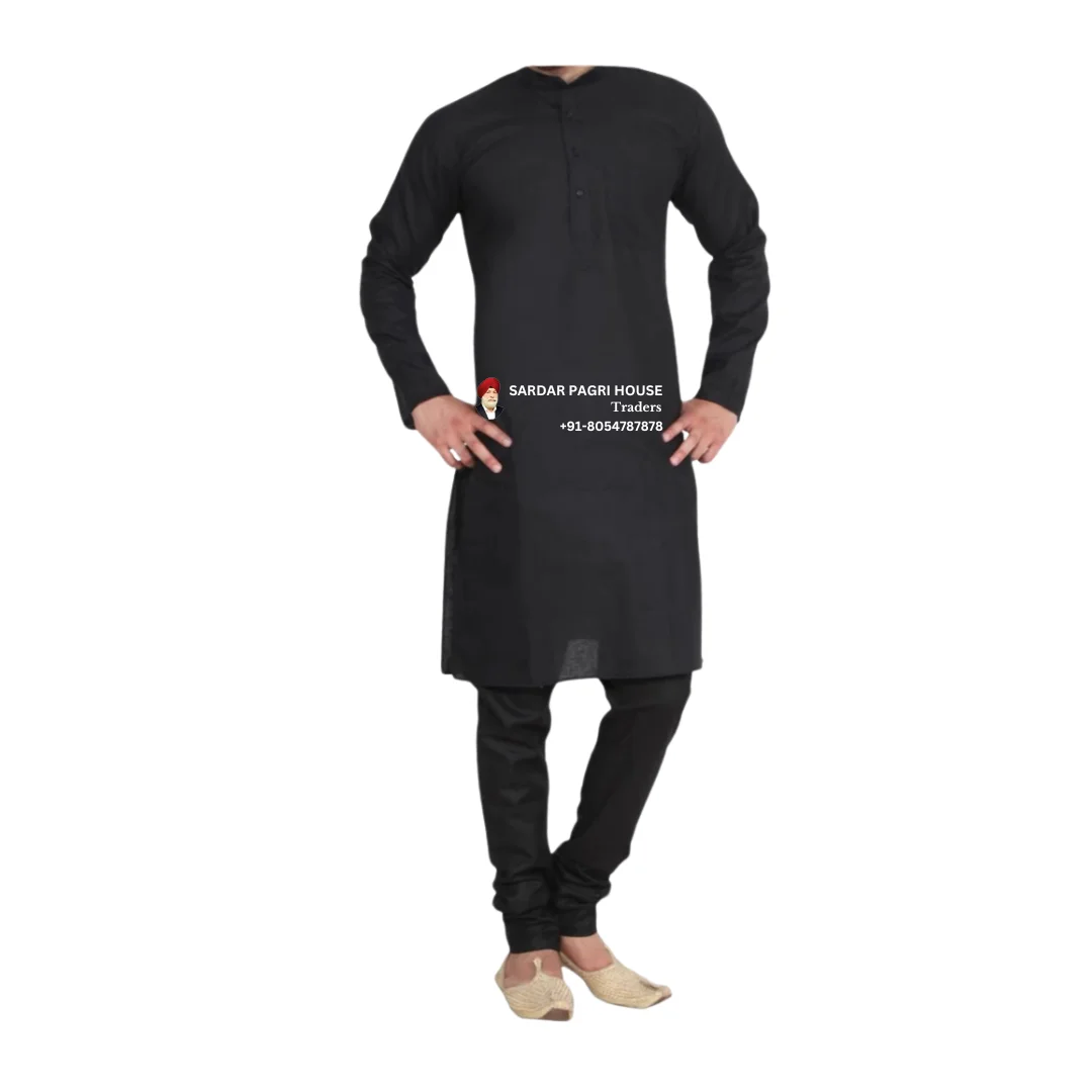 Black Cotton Kurta Pajama With Ban Collar