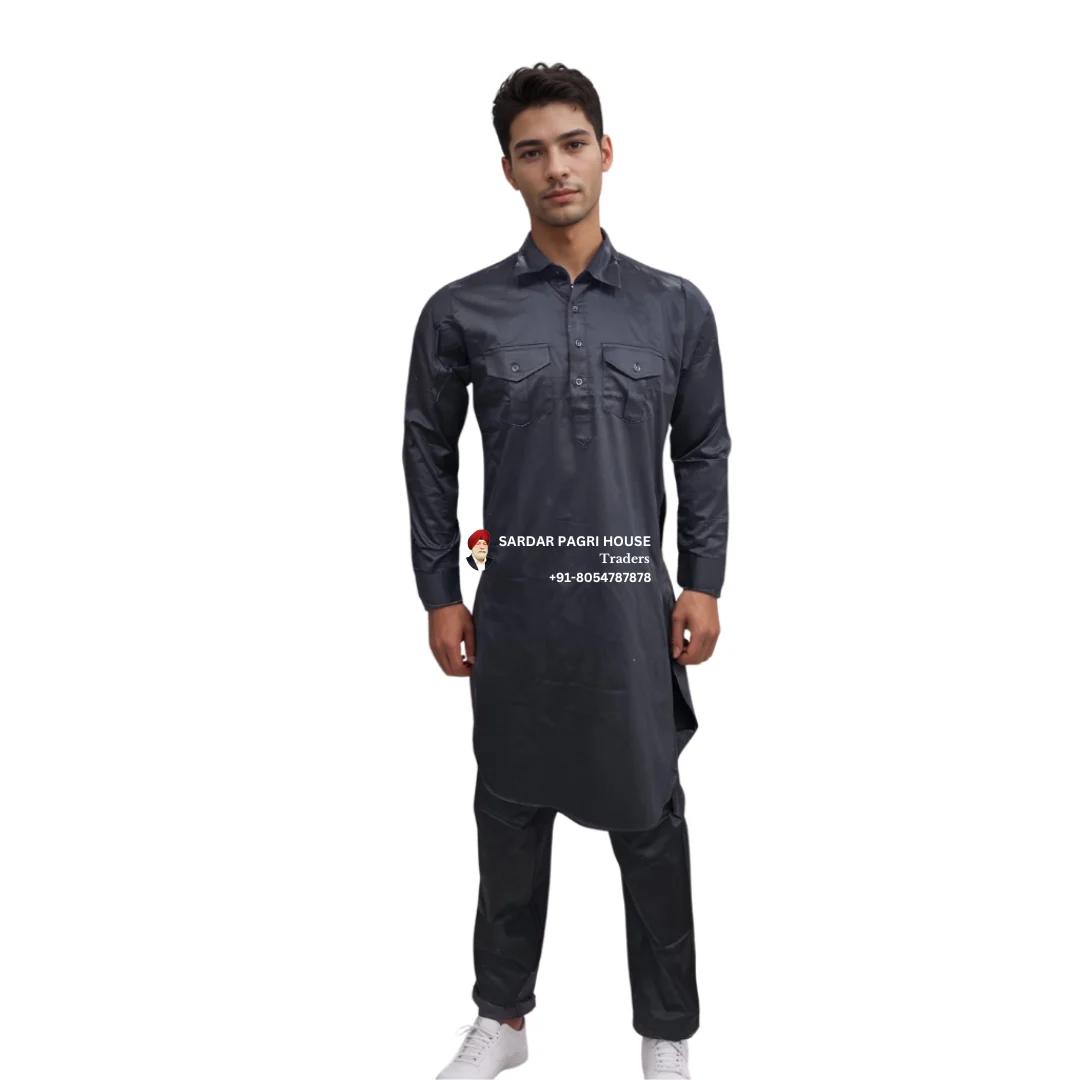 Black Giza Cotton Pathani Kurta Pajama With Shirt Collar