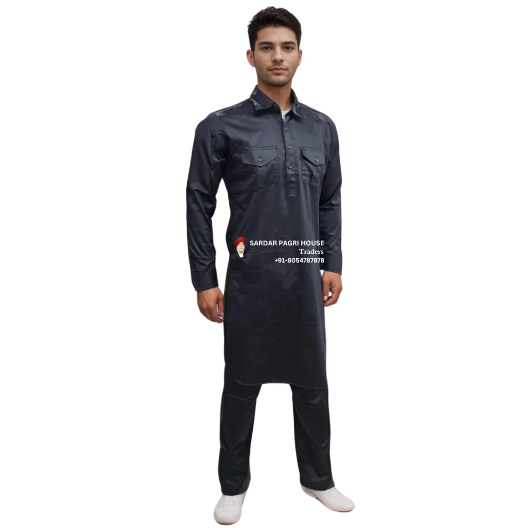 Black Giza Cotton Pathani Kurta Pajama With Shirt Collar