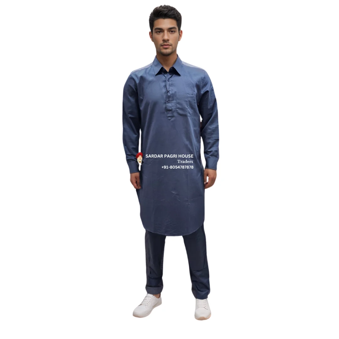 Blue Giza Cotton Muktsari Kurta Pajama With Shirt Collar