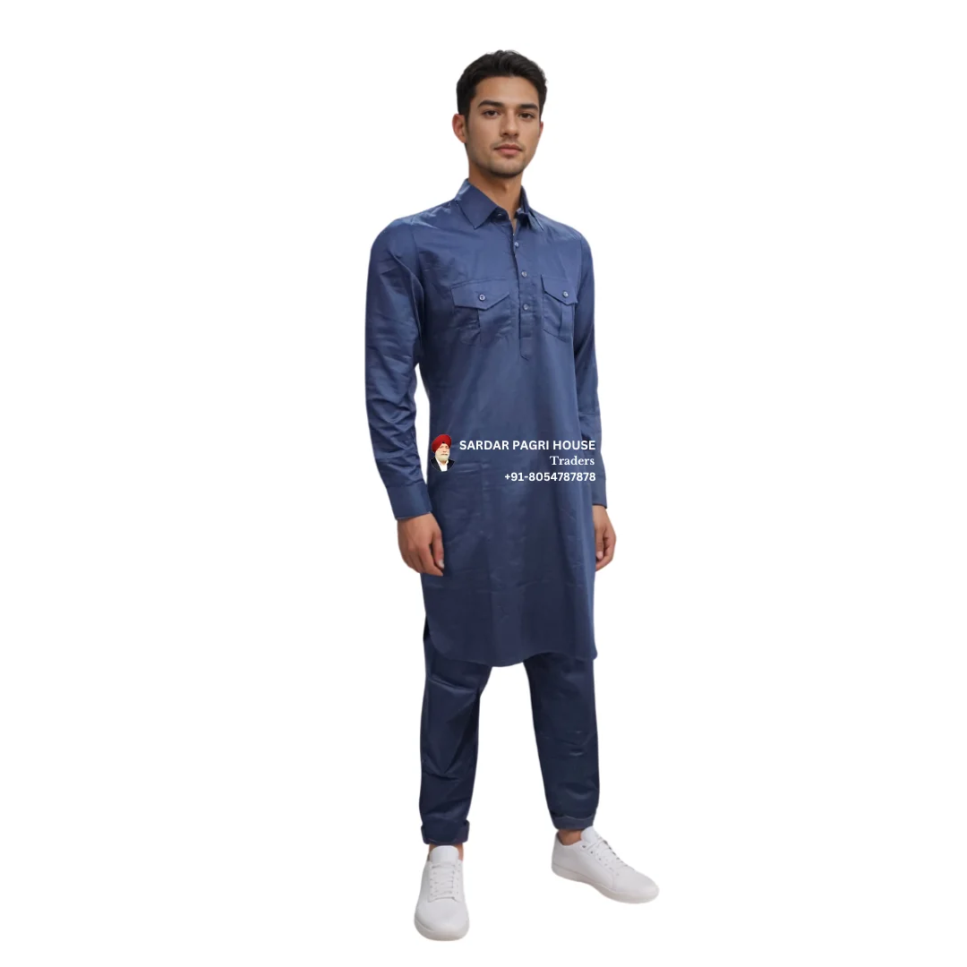 Blue Giza Cotton Pathani Kurta Pajama With Shirt Collar