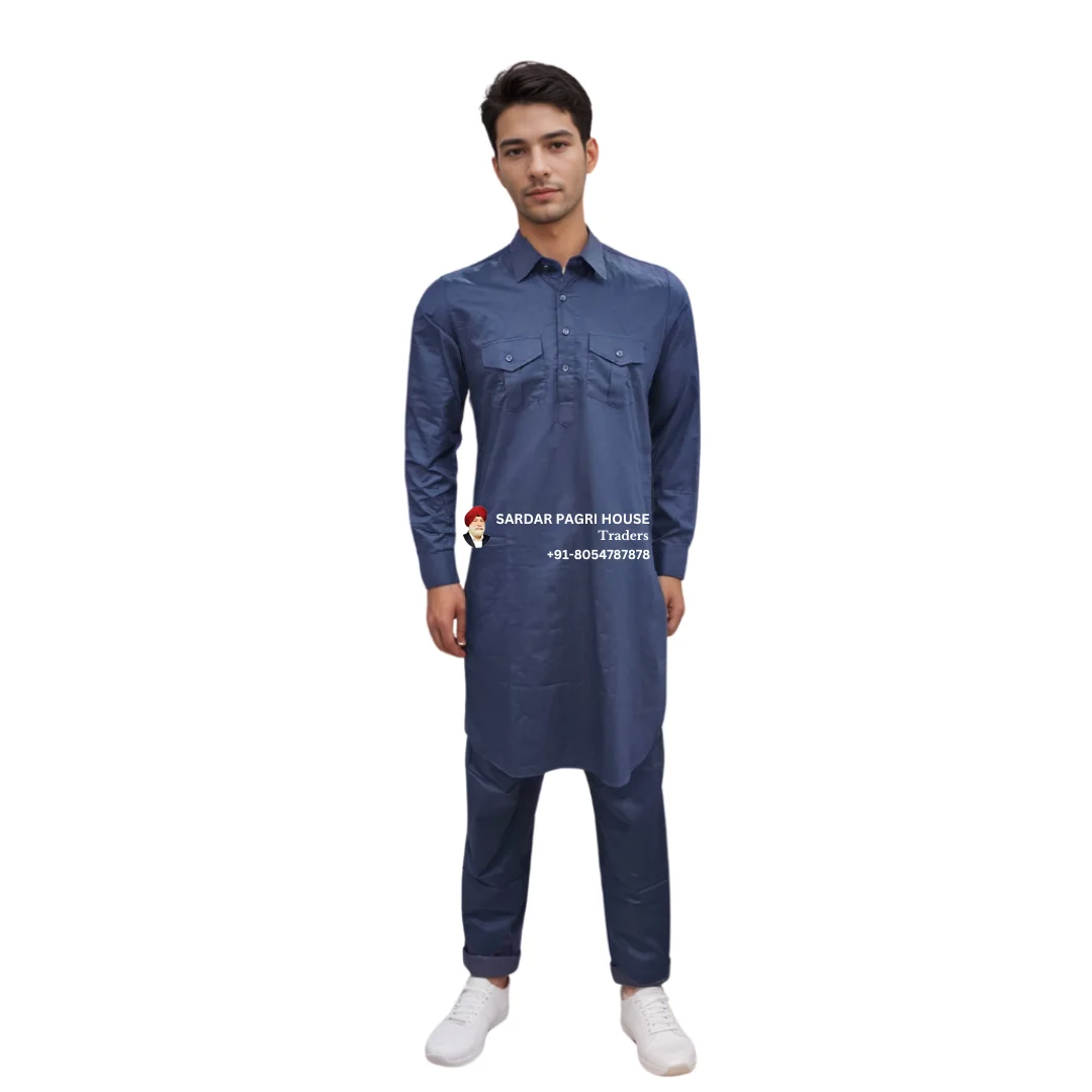 Blue Giza Cotton Pathani Kurta Pajama With Shirt Collar
