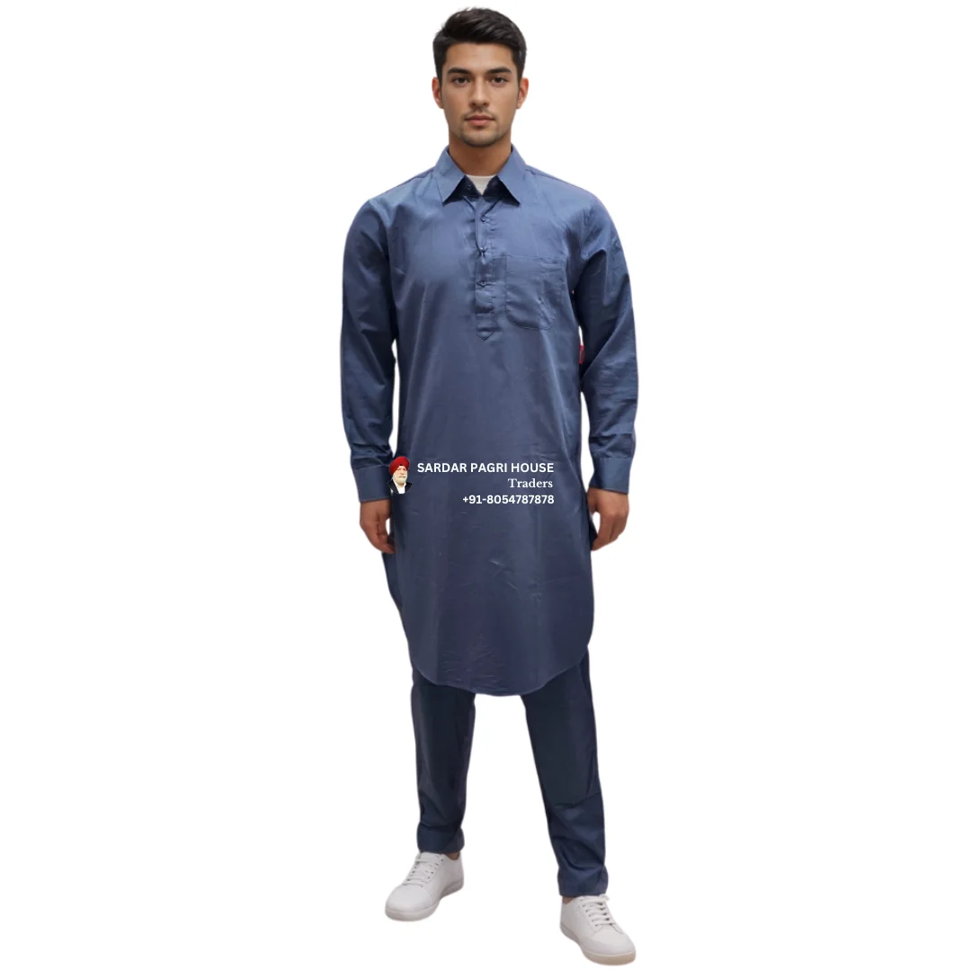 Blue Poly Cotton Muktsari Kurta Pajama With Shirt Collar