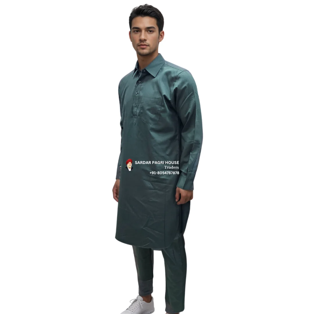 Bottle Green Poly Cotton Muktsari Kurta Pajama With Shirt Collar