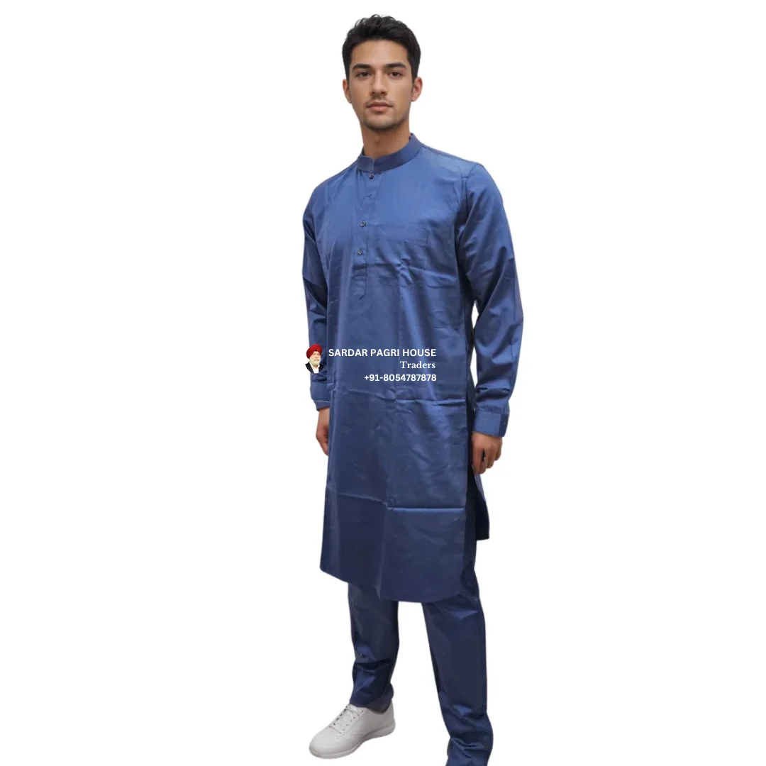 Dark Blue Poly Cotton Kurta Pajama With Ban Collar