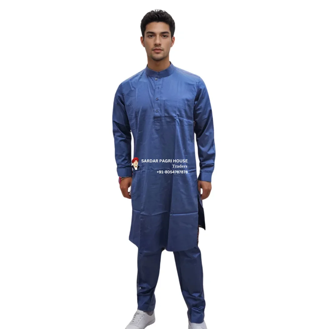 Dark Blue Poly Cotton Kurta Pajama With Ban Collar