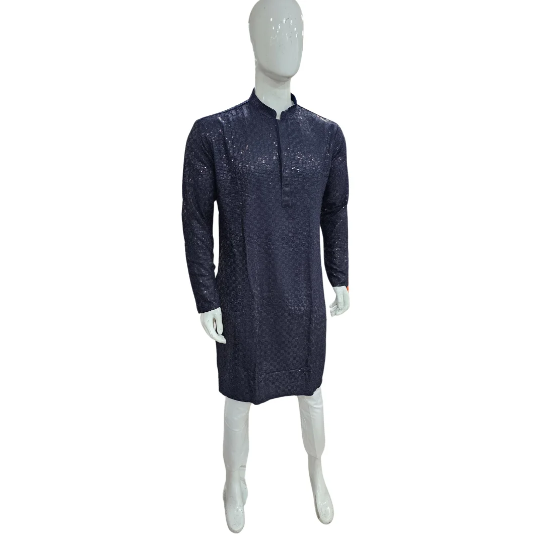 Denim Blue Kurta Pajama With Sequin Work - Image 2