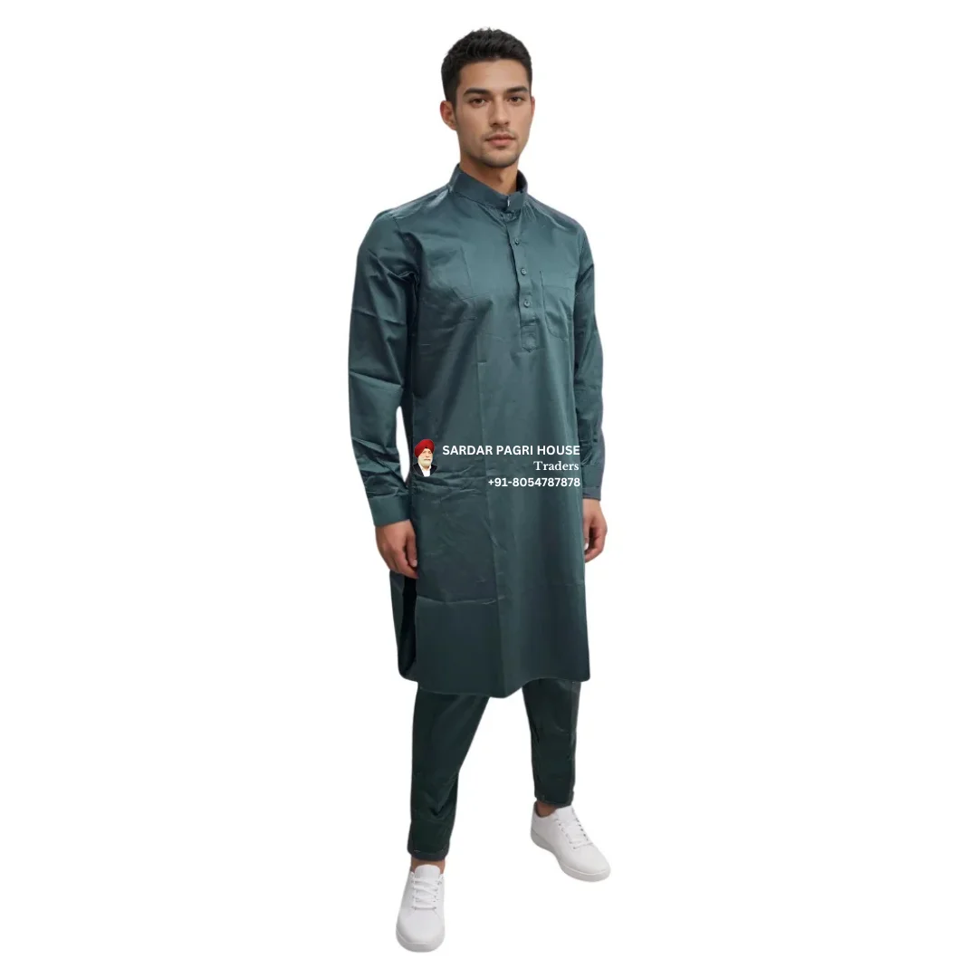 Green Giza Cotton Kurta Pajama With Ban Collar