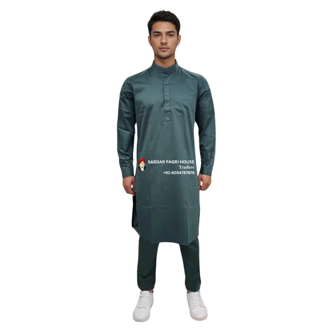 Green Poly Cotton Kurta Pajama With Ban Collar