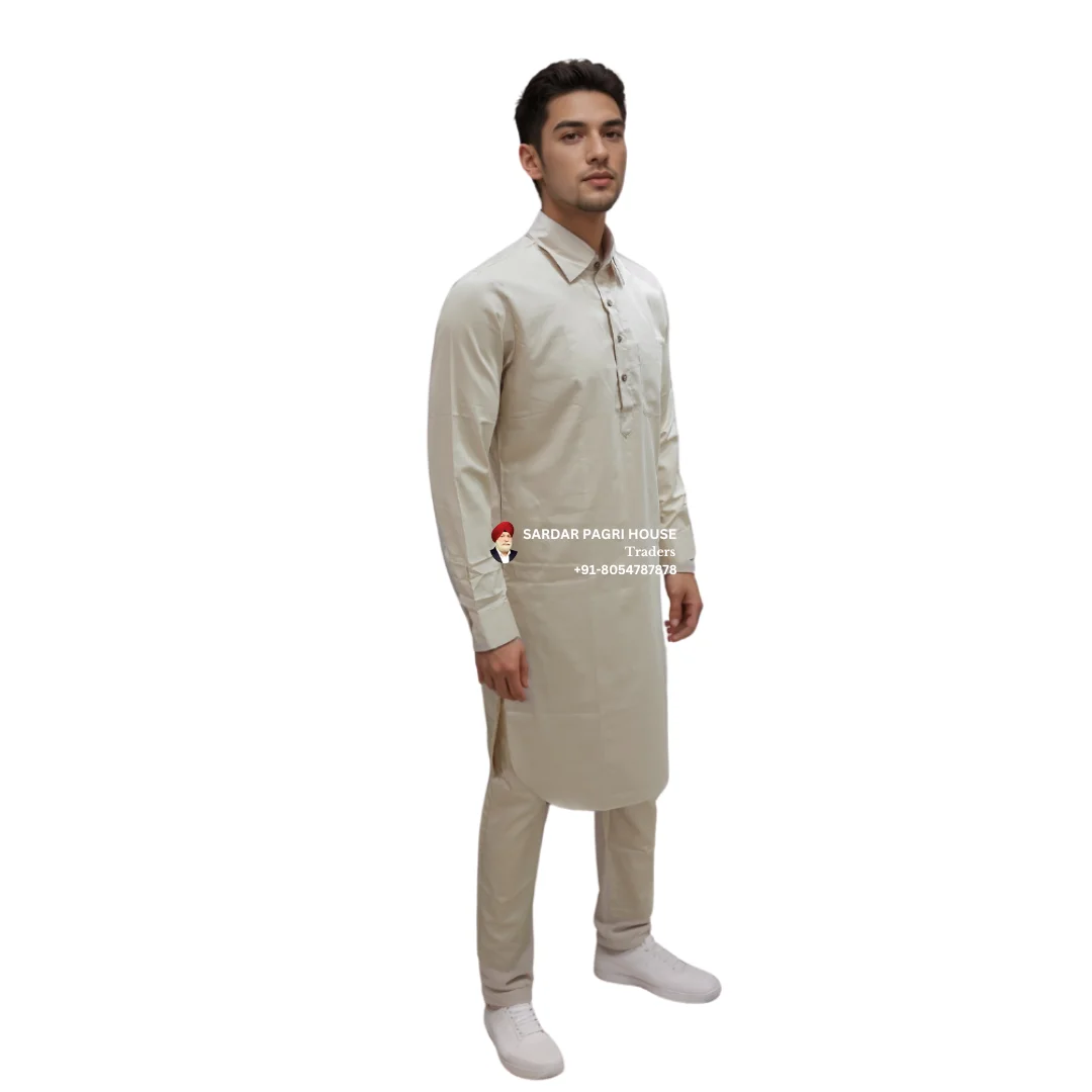Light Biscuit Giza Cotton Muktsari Kurta Pajama With Shirt Collar