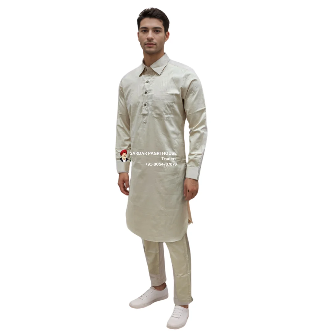 Light Biscuit Giza Cotton Muktsari Kurta Pajama With Shirt Collar