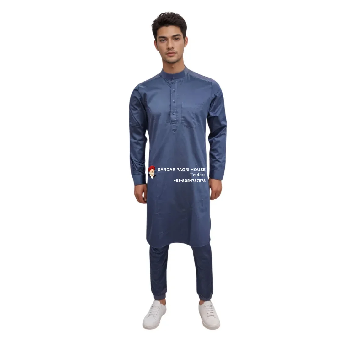 Navy Blue Giza Cotton Kurta Pajama With Ban Collar
