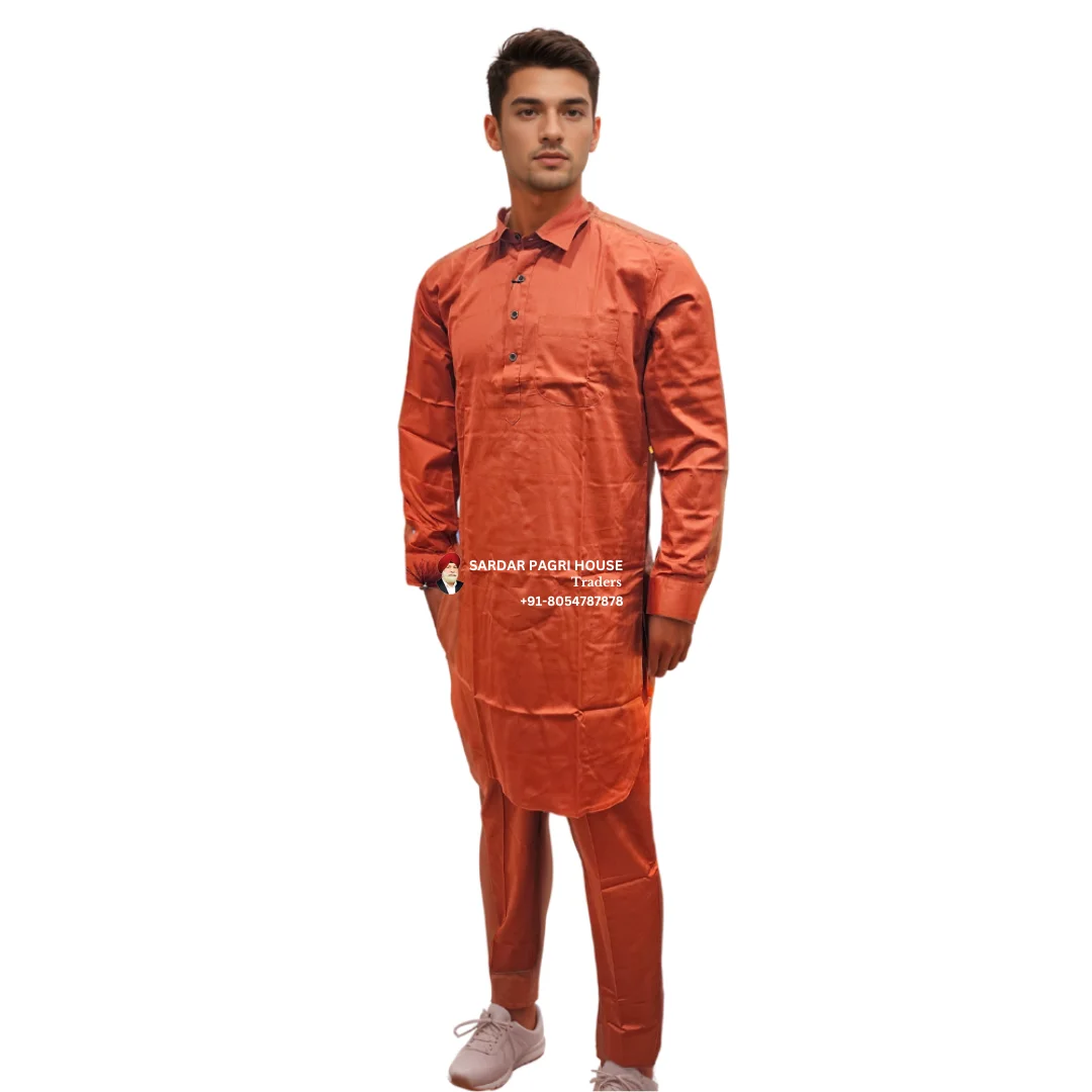 Orange Cotton Muktsari Kurta Pajama With Shirt Collar