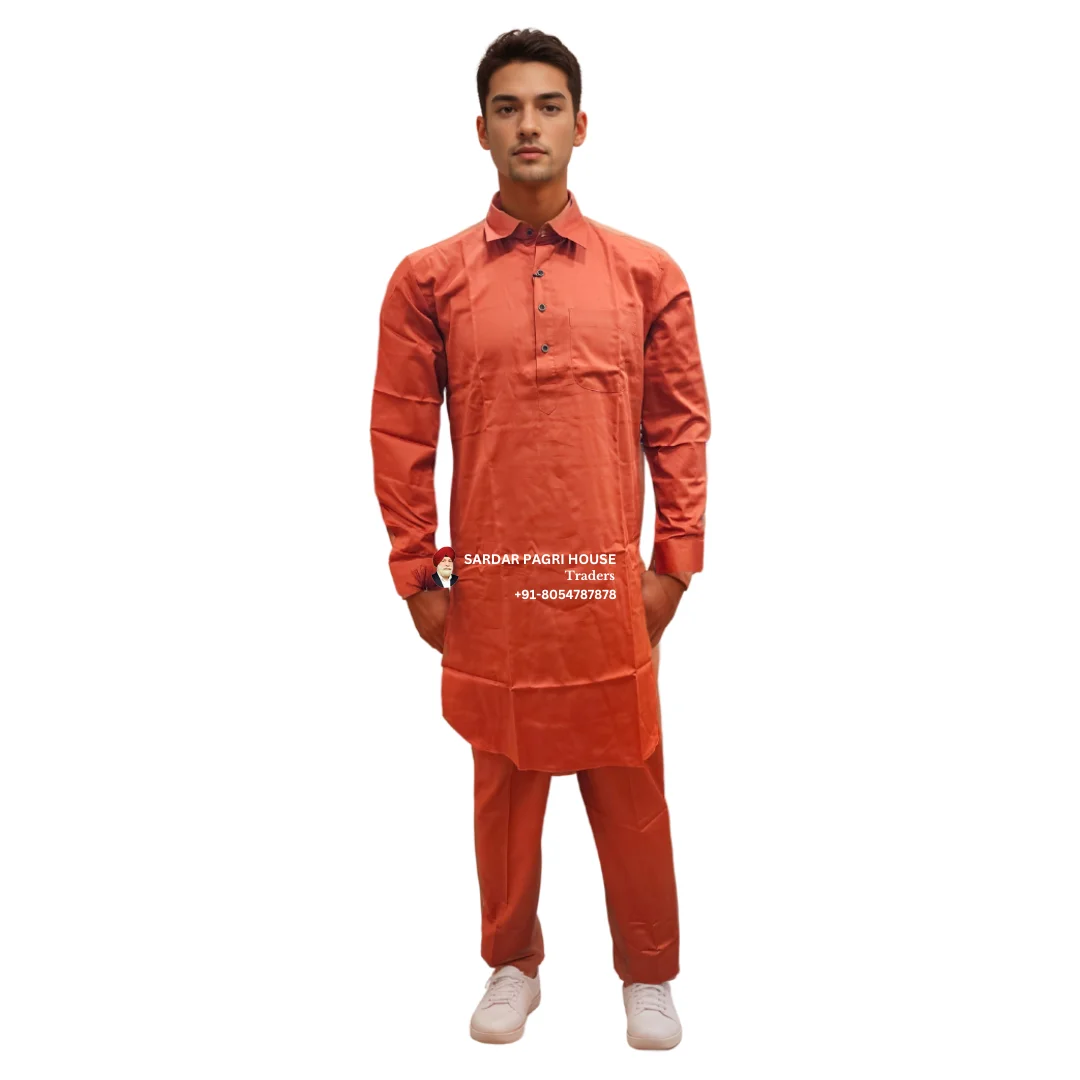 Orange Poly Cotton Muktsari Kurta Pajama With Shirt Collar