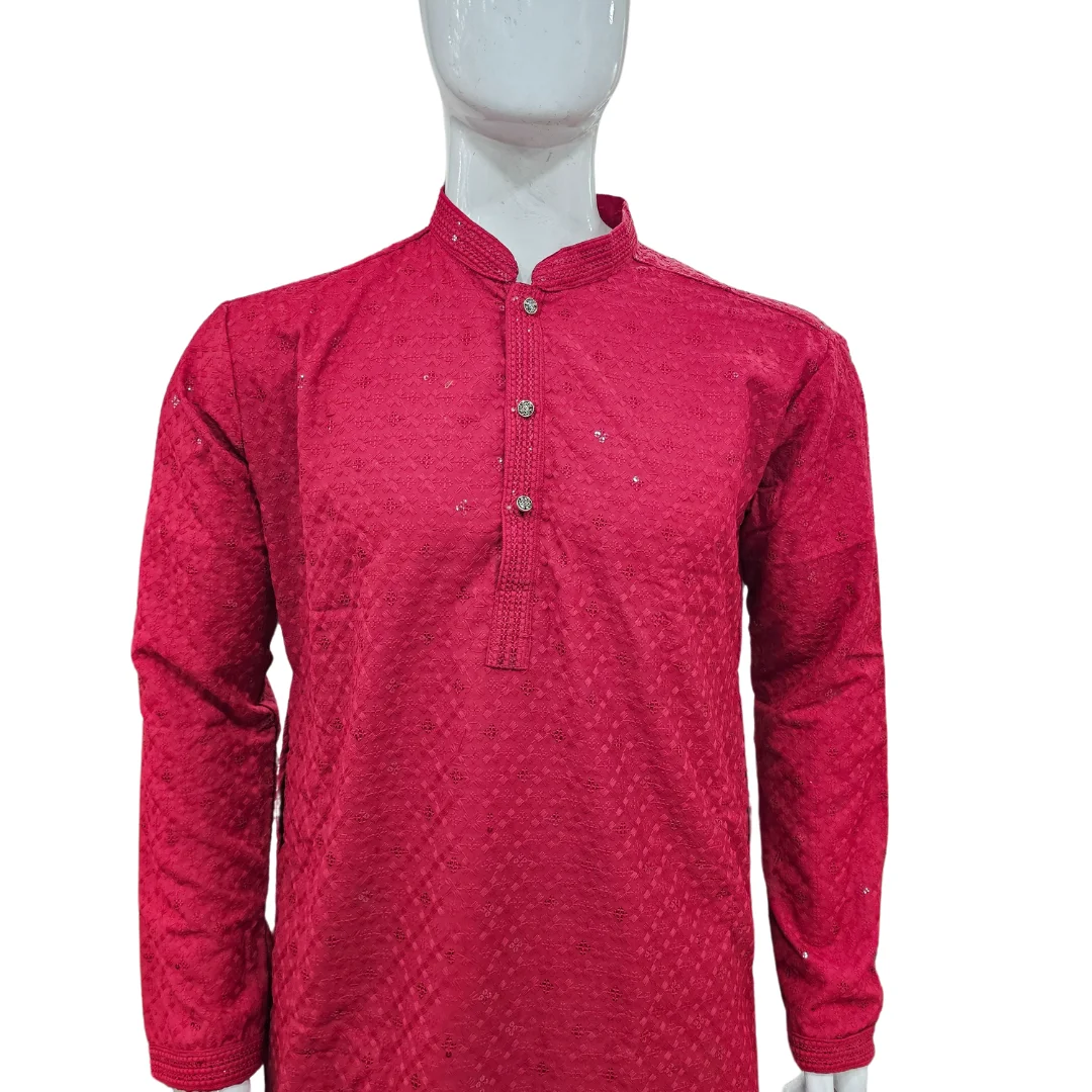 Red Kurta Pajama With Sequin Work - Image 3