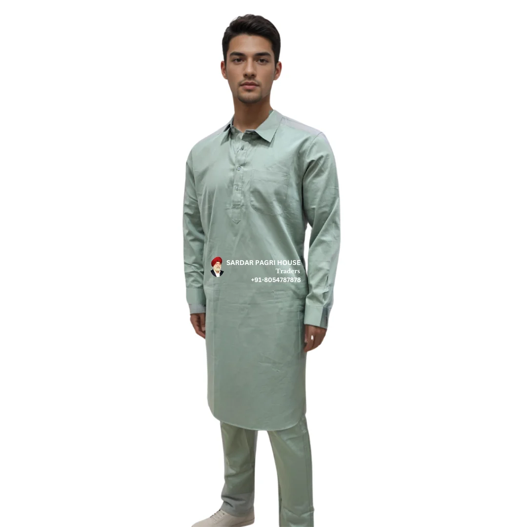 Sage Green Cotton Muktsari Kurta Pajama With Shirt Collar