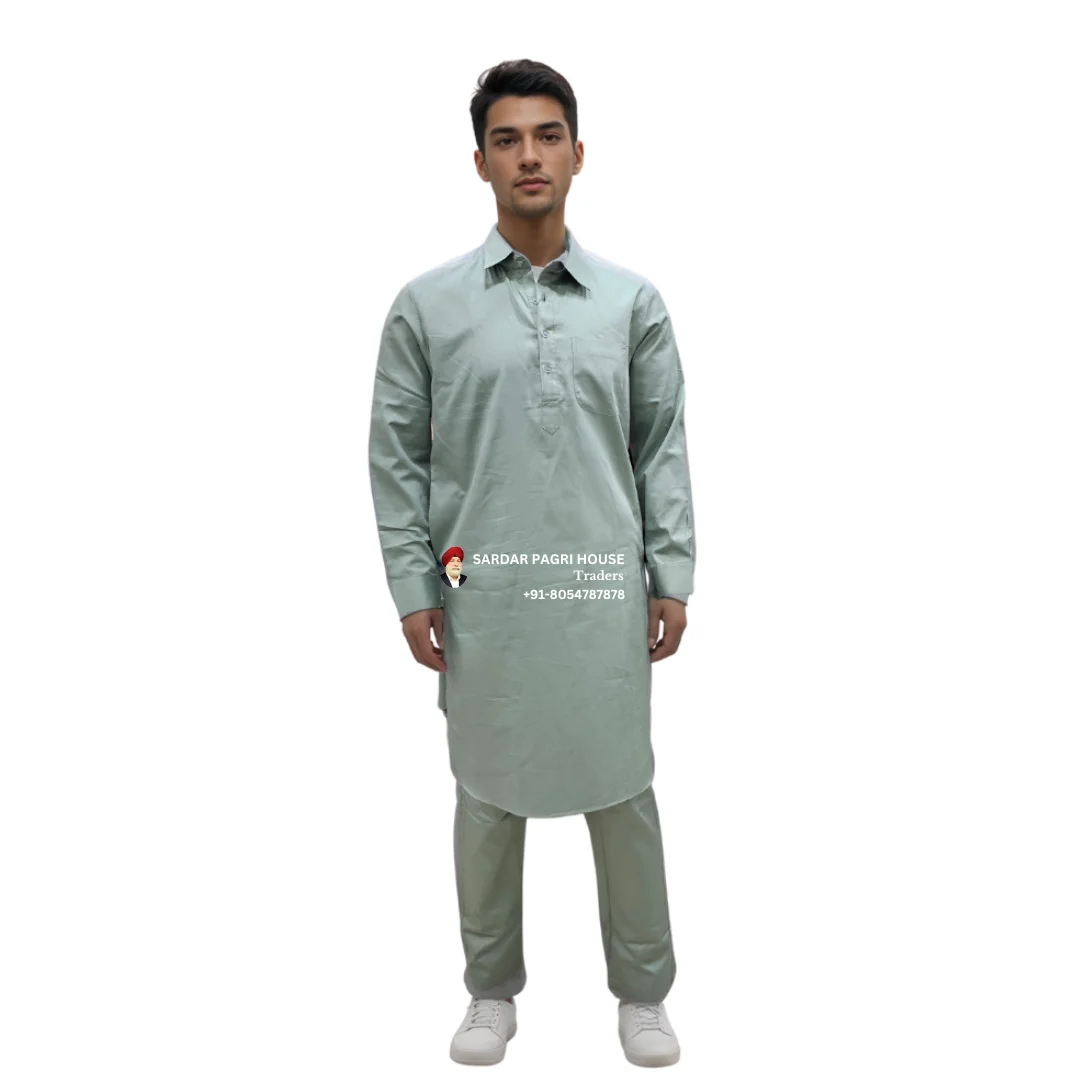 Sage Green Poly Cotton Muktsari Kurta Pajama With Shirt Collar