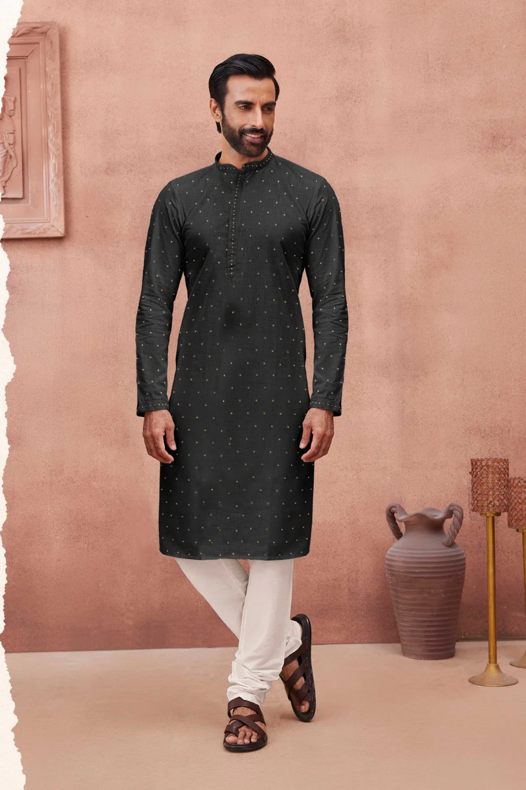 Silk India Black Printed Kurta Pajama for Men