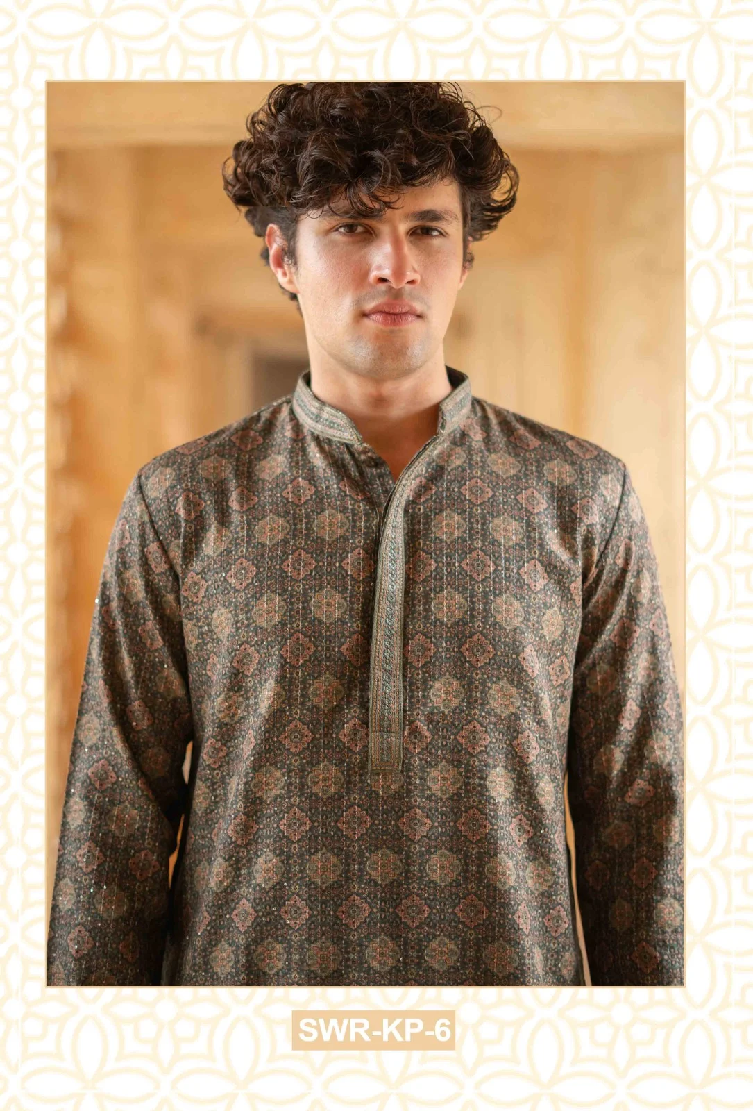 Silk India Brown Gray Printed Kurta Pajama for Men