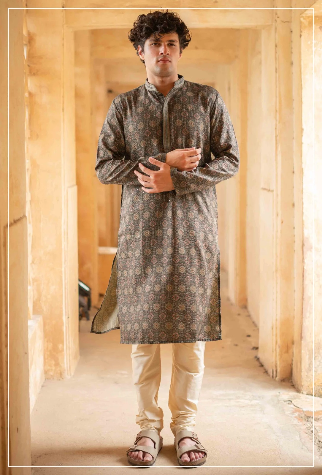Silk India Brown Gray Printed Kurta Pajama for Men