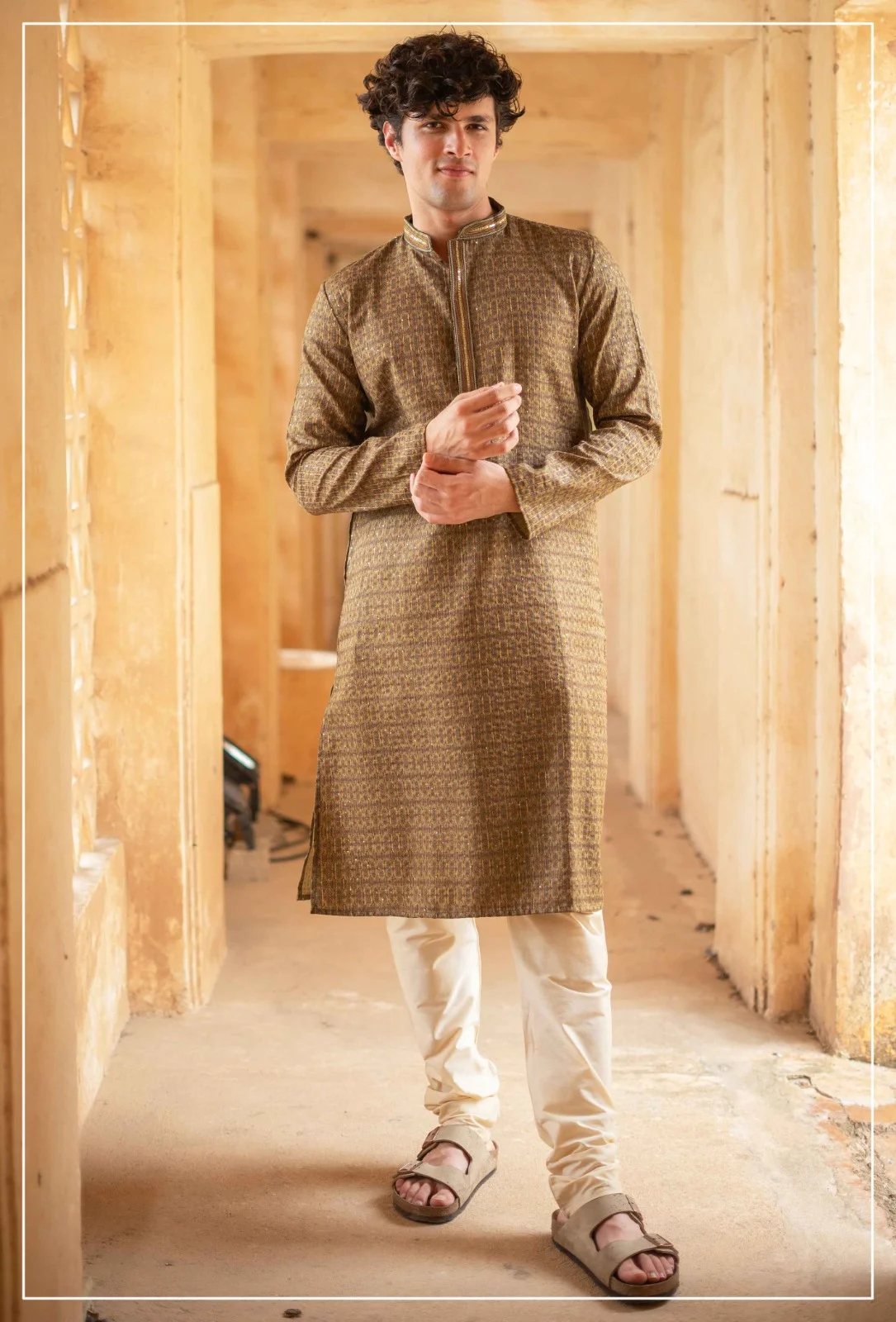 Silk India Camel Brown Printed Kurta Pajama for Men