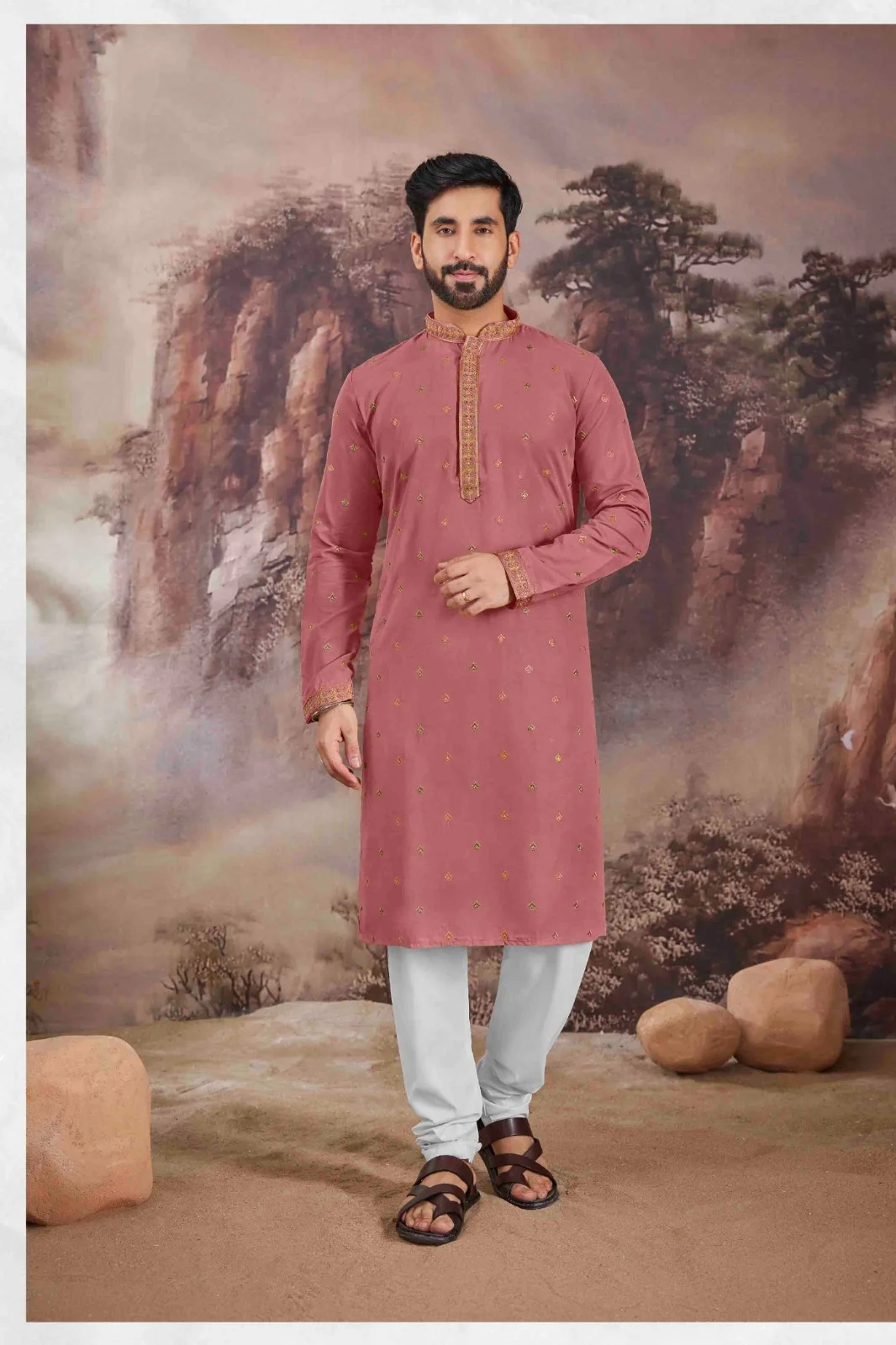 Silk India Candy Pink Printed Kurta Pajama for Men
