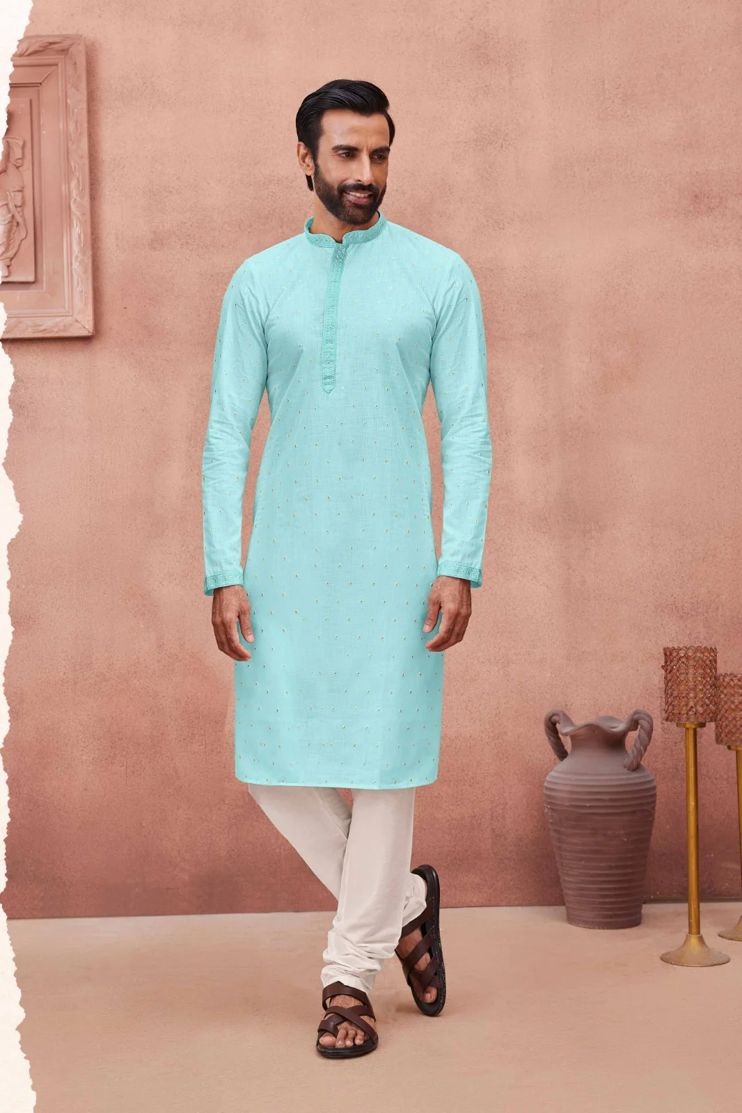 Silk India Celeste Blue Printed Kurta Pajama for Men