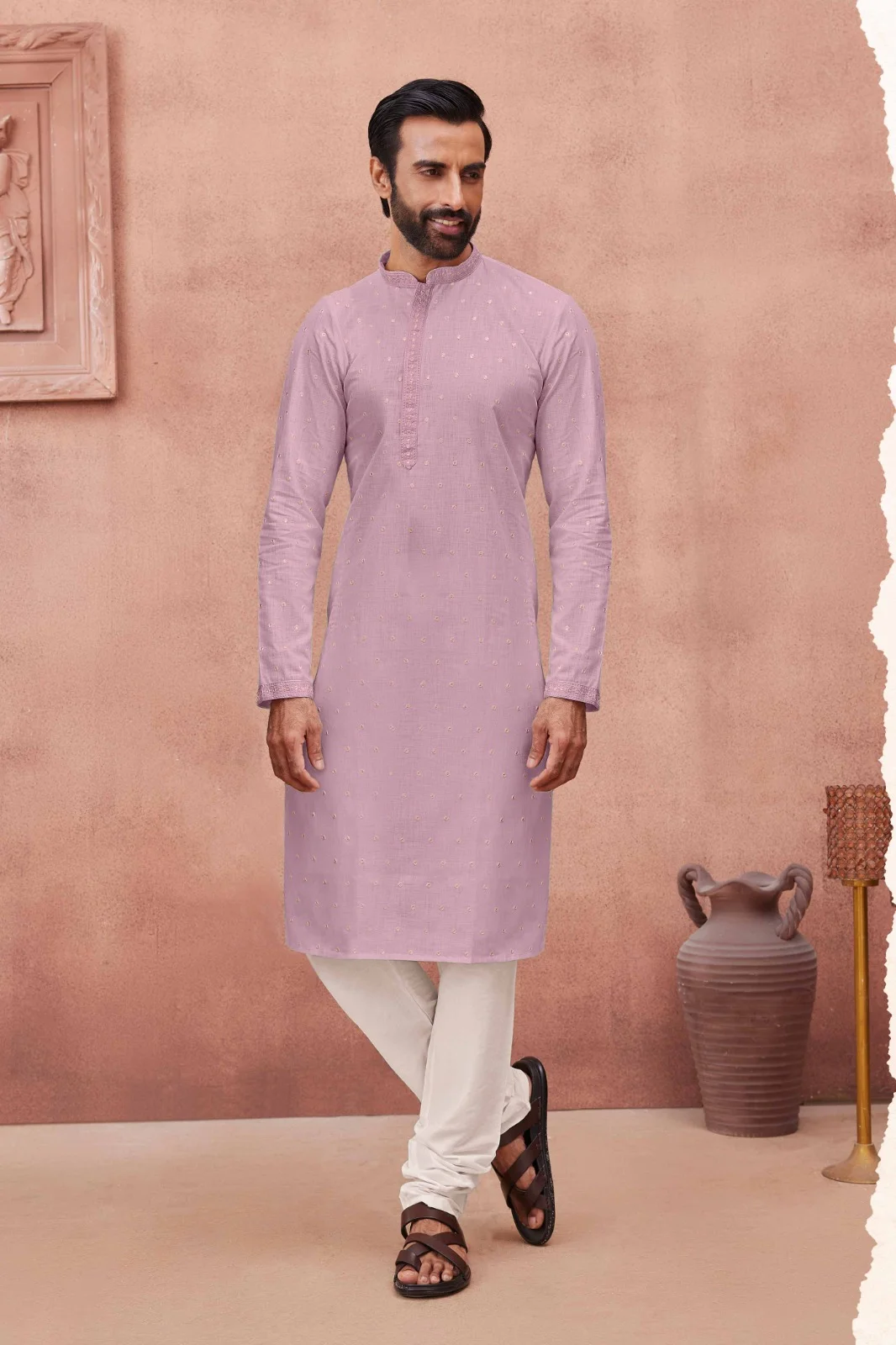 Silk India Lemonade Pink Printed Kurta Pajama for Men