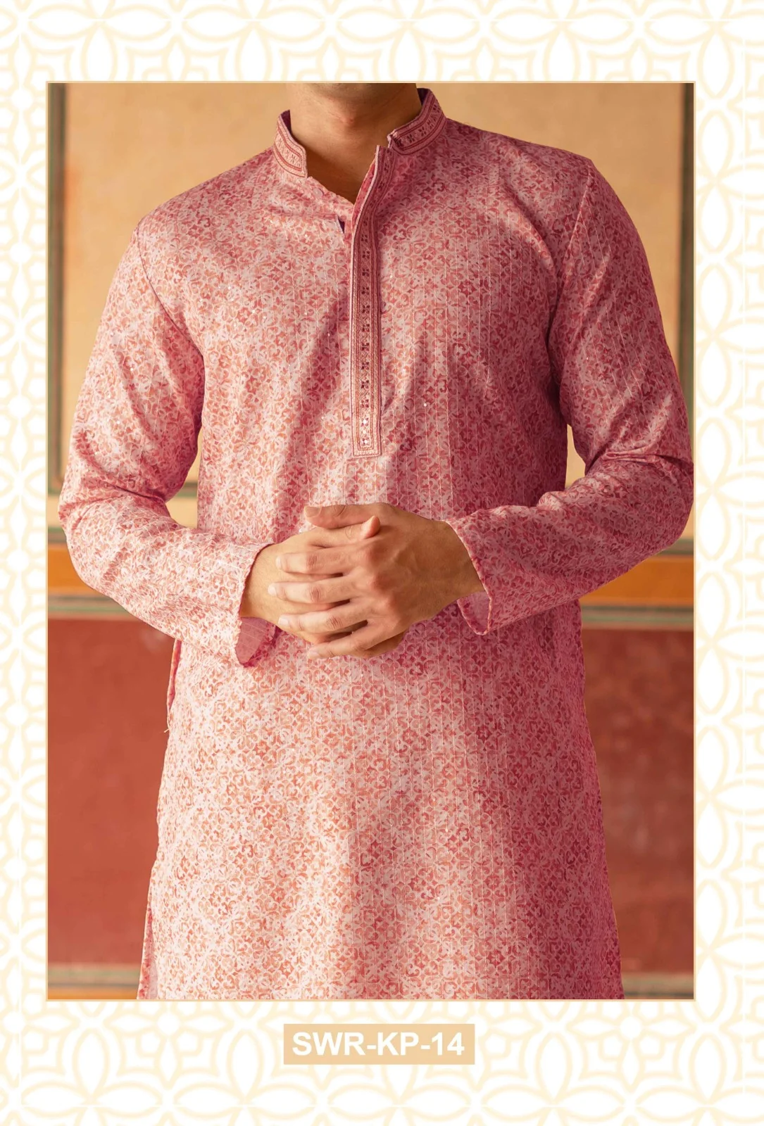 Silk India Light Pink Printed Kurta Pajama for Men
