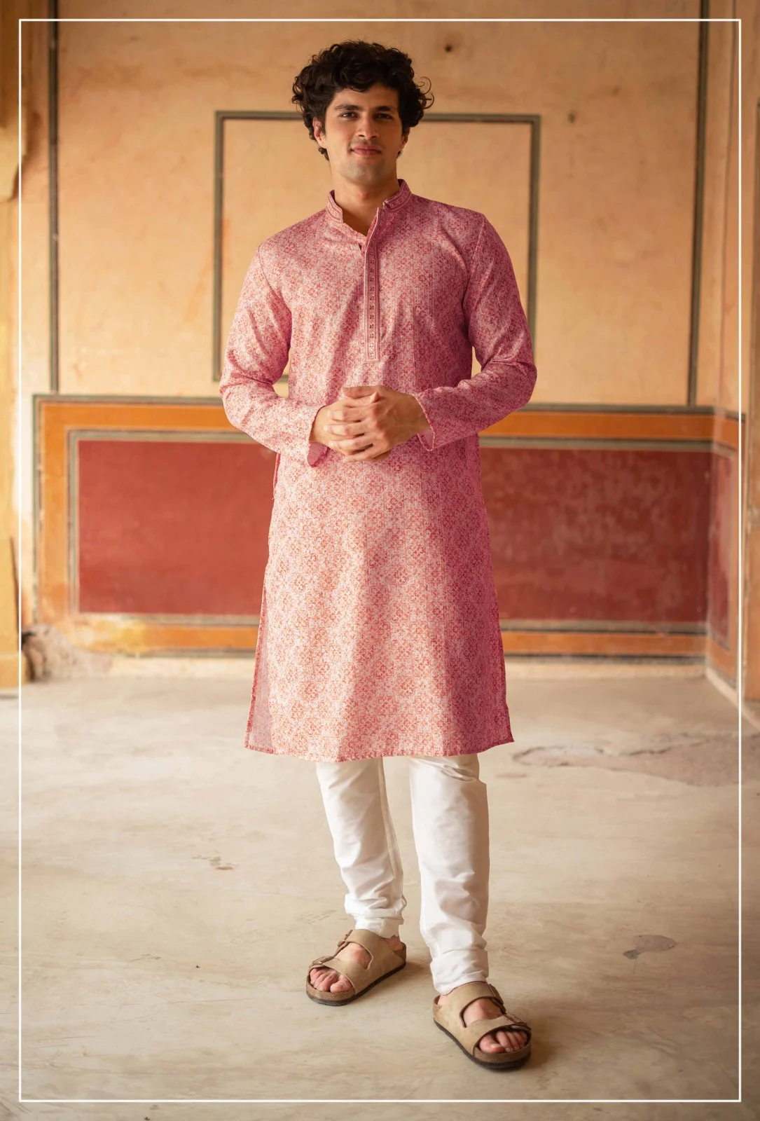 Silk India Light Pink Printed Kurta Pajama for Men