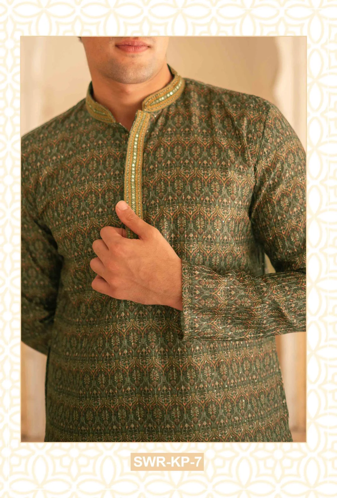 Silk India Olive Green Printed Kurta Pajama for Men