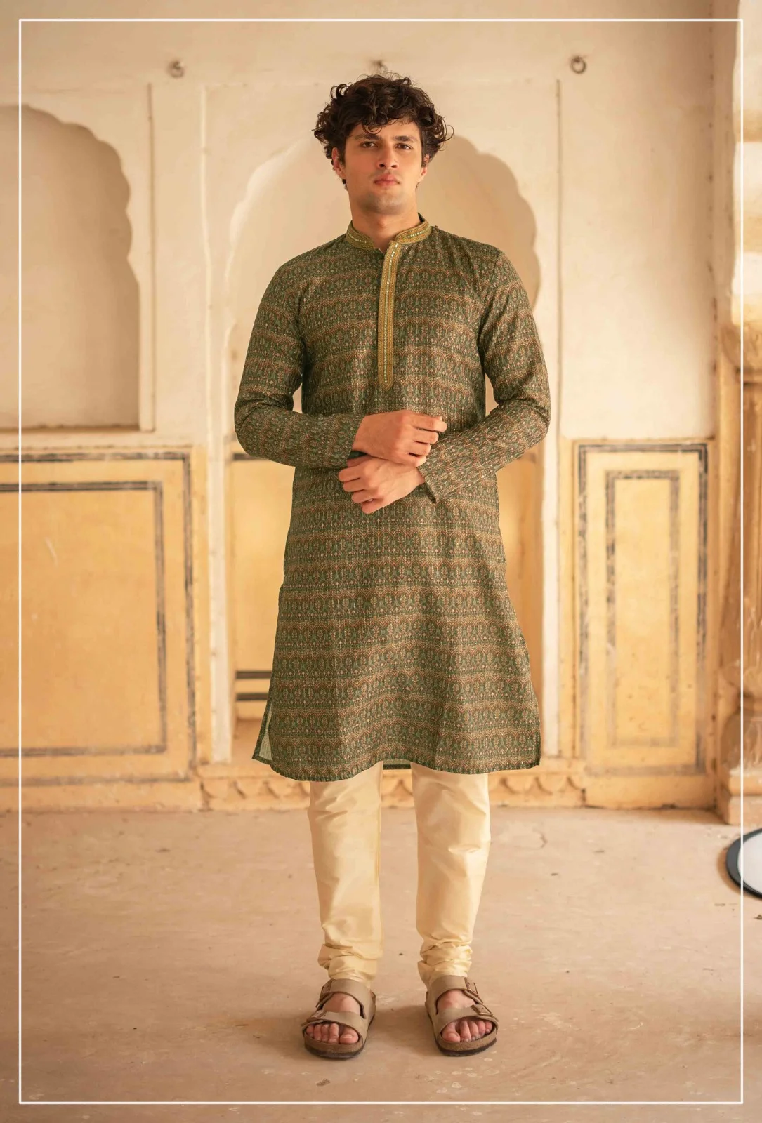 Silk India Olive Green Printed Kurta Pajama for Men