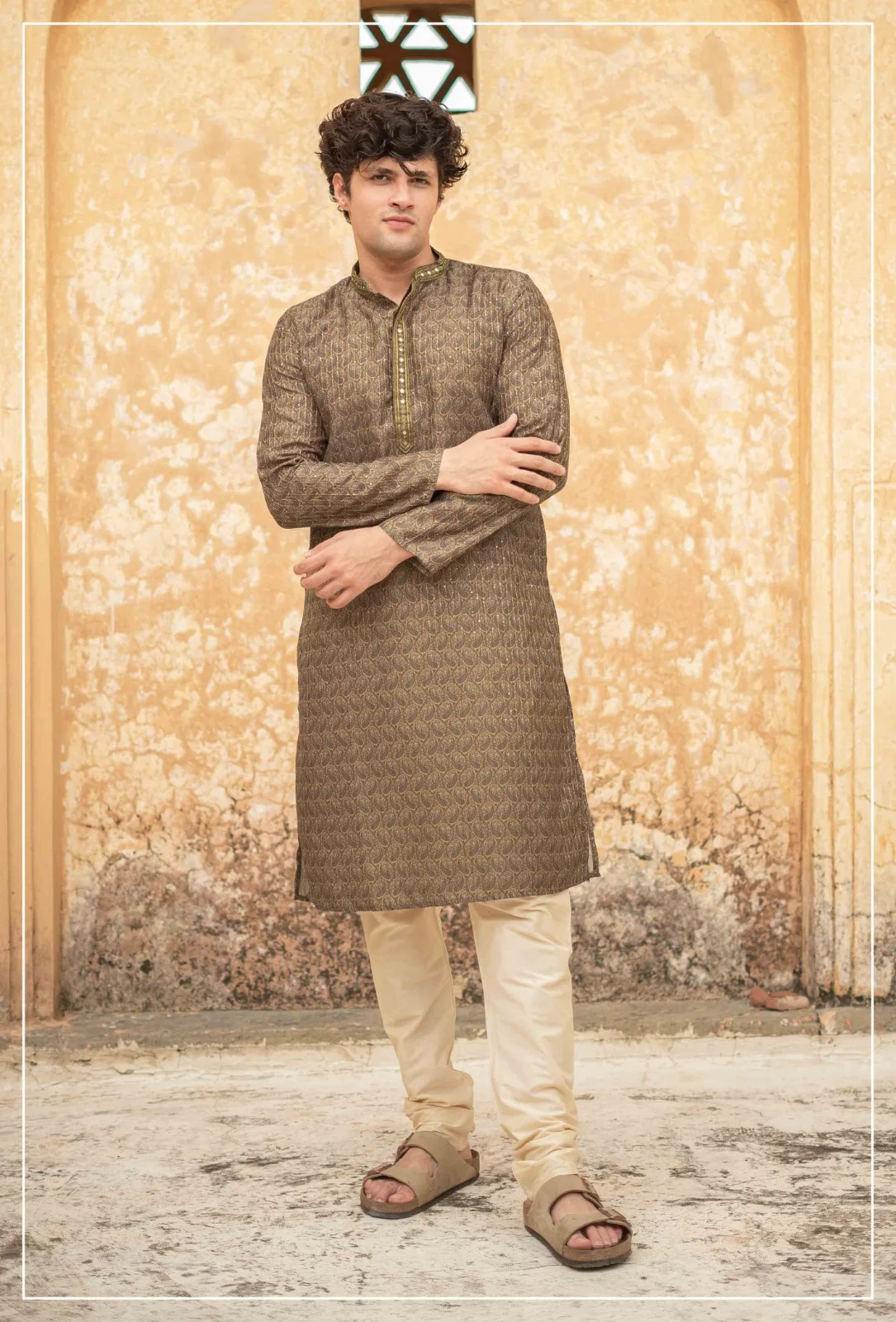 Silk India Peanut Brown Printed Kurta Pajama for Men