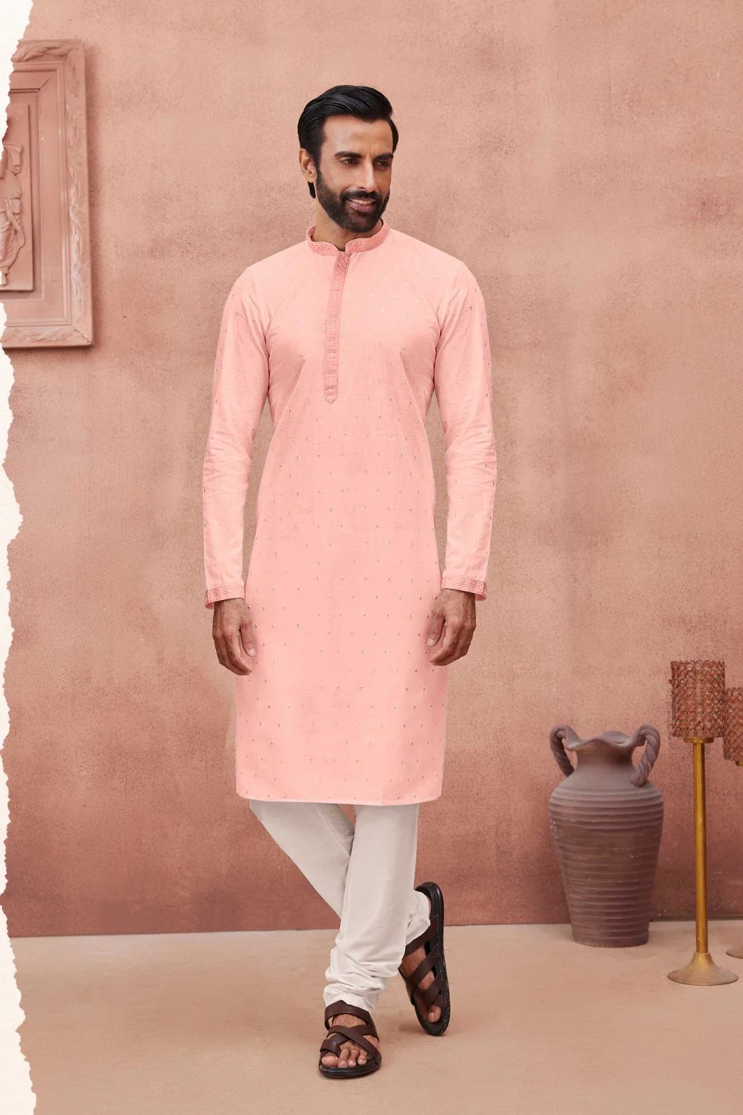 Silk India Pink Printed Kurta Pajama for Men