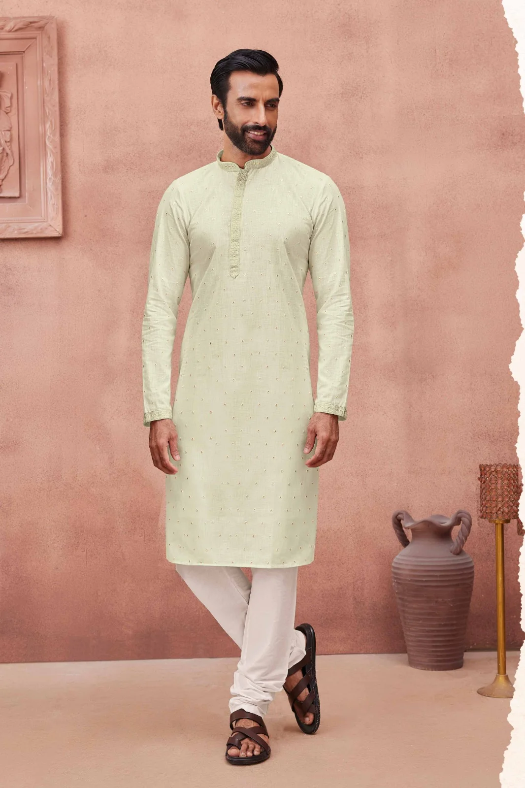 Silk India Tea Green Printed Kurta Pajama for Men