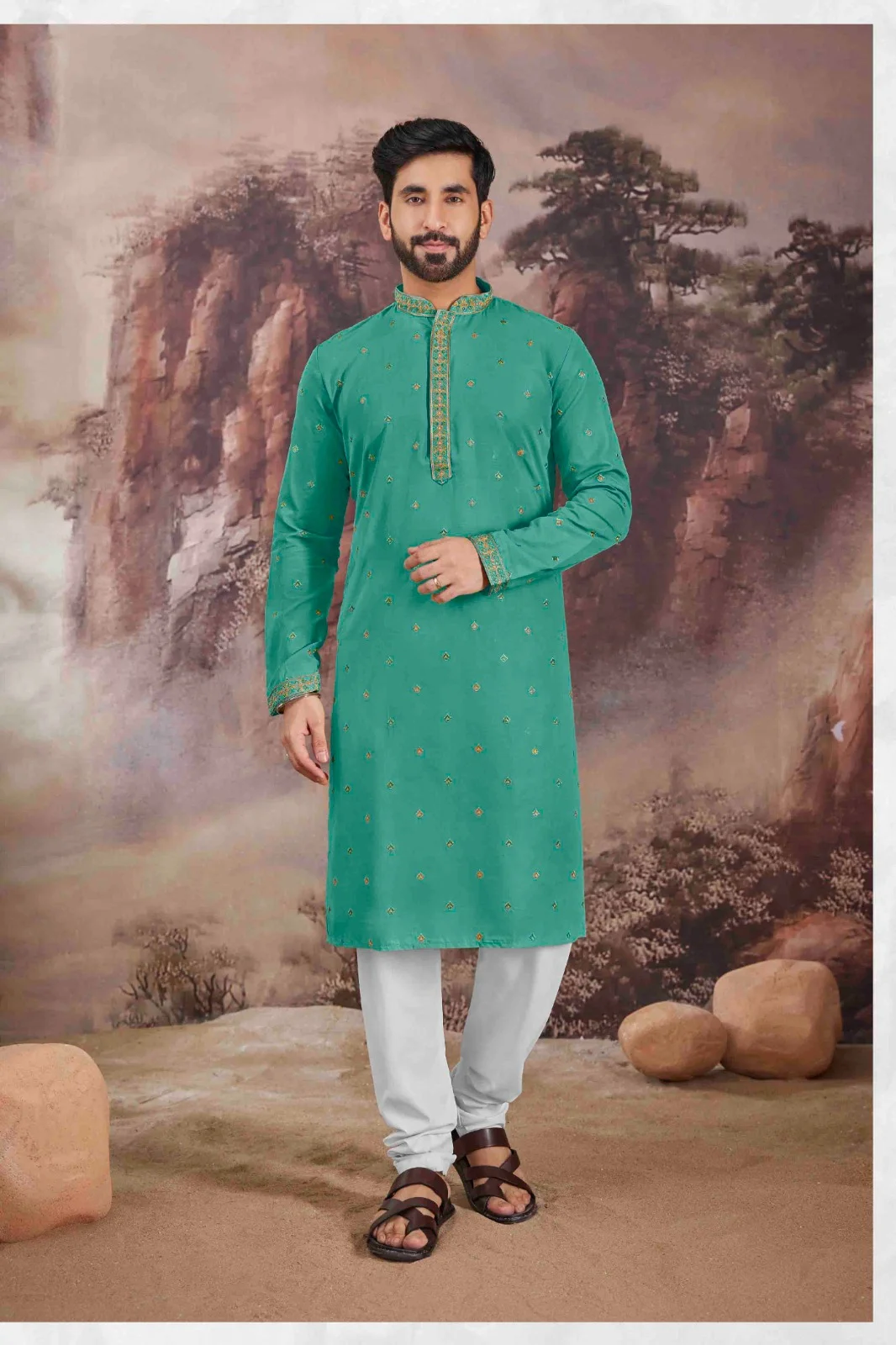 Silk India Turquoise Blue Printed Kurta Pajama for Men