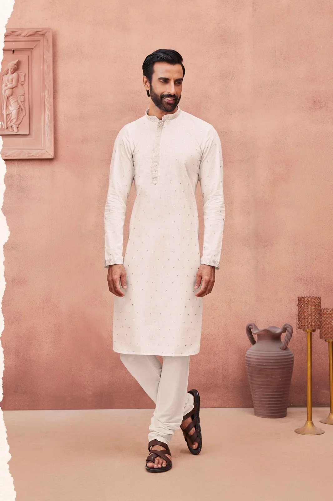 Silk India White Printed Kurta Pajama for Men
