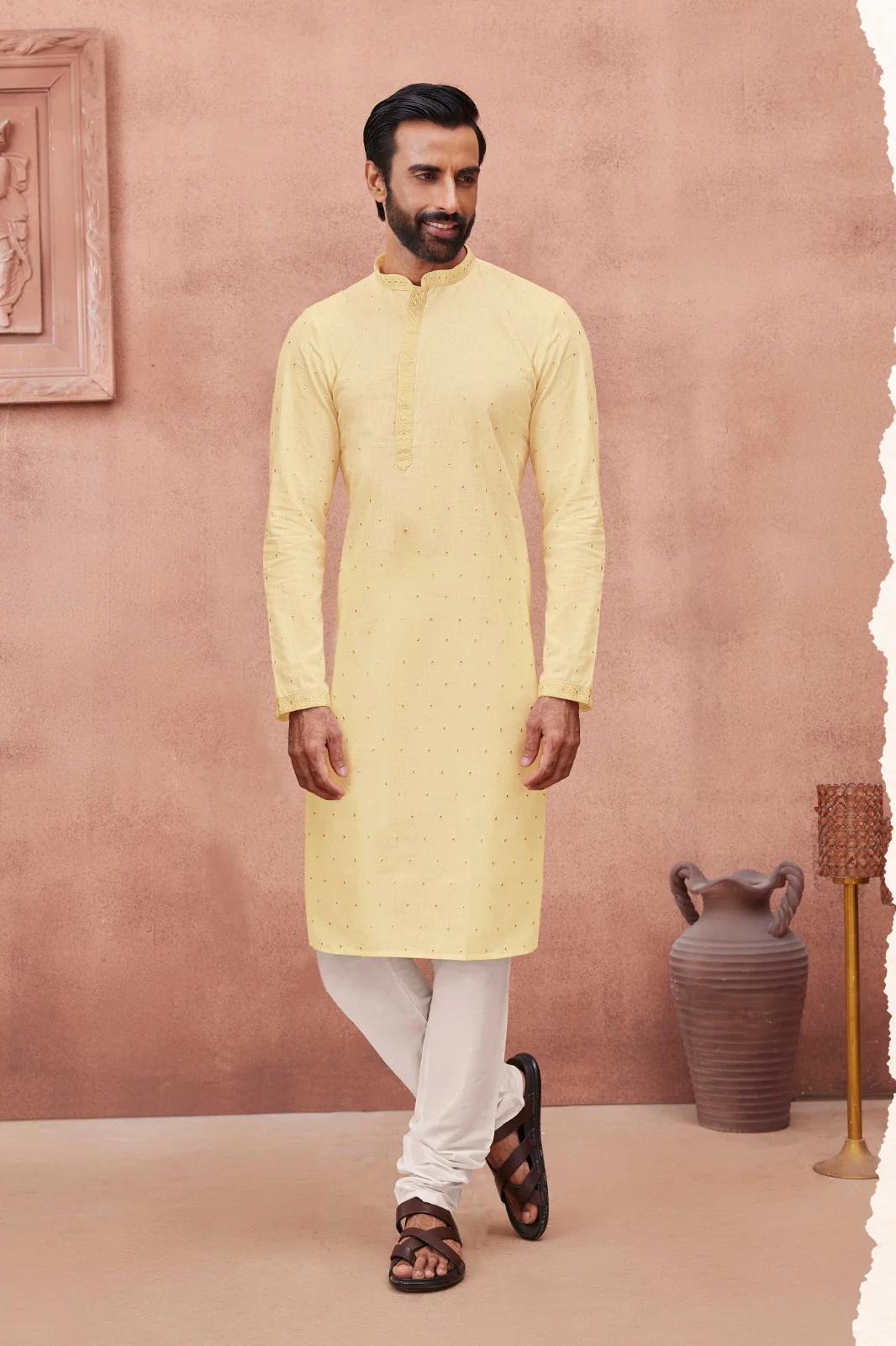 Silk India Yellow Printed Kurta Pajama for Men