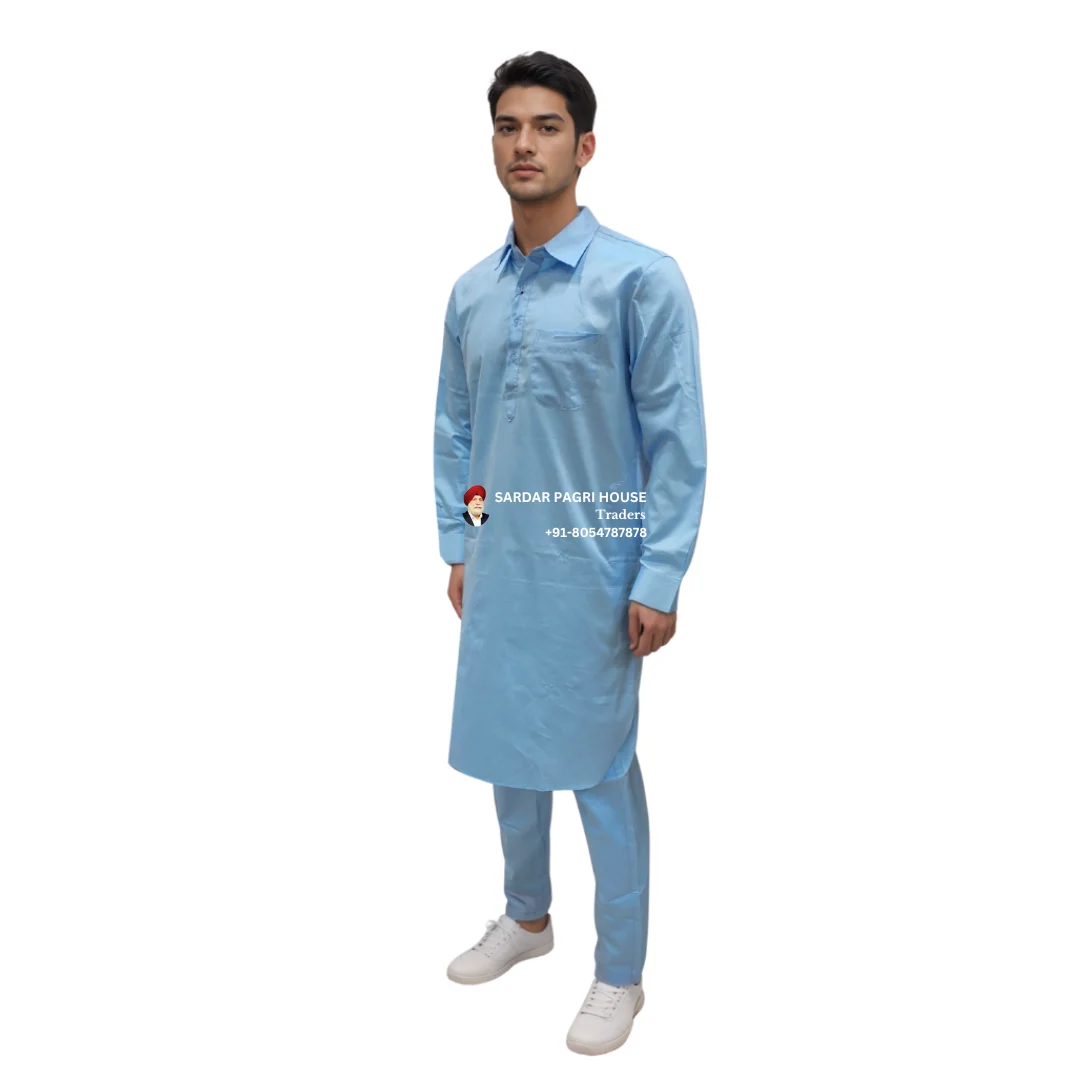 Sky Blue Cotton Muktsari Kurta Pajama With Shirt Collar