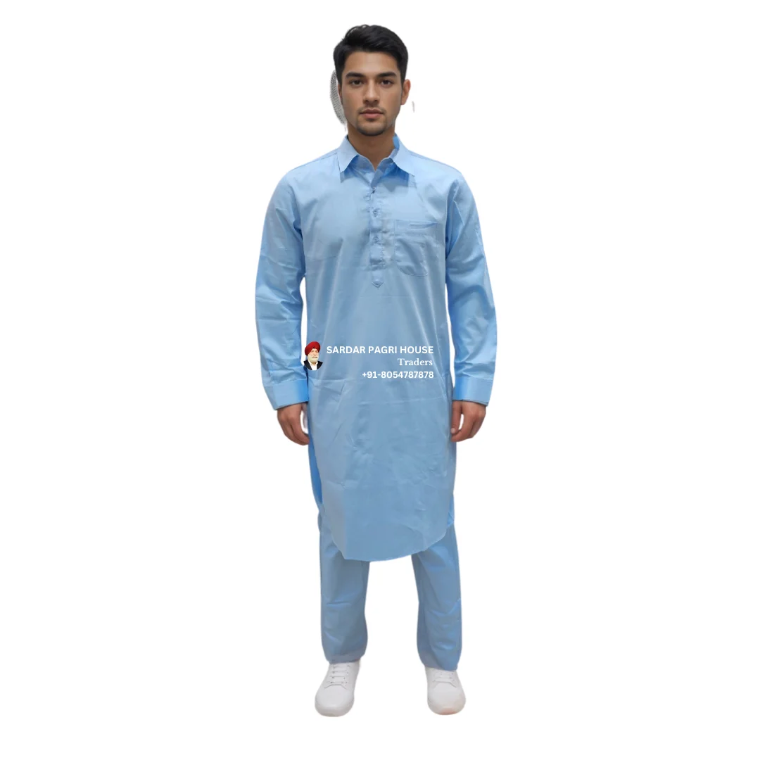 Sky Blue Cotton Muktsari Kurta Pajama With Shirt Collar