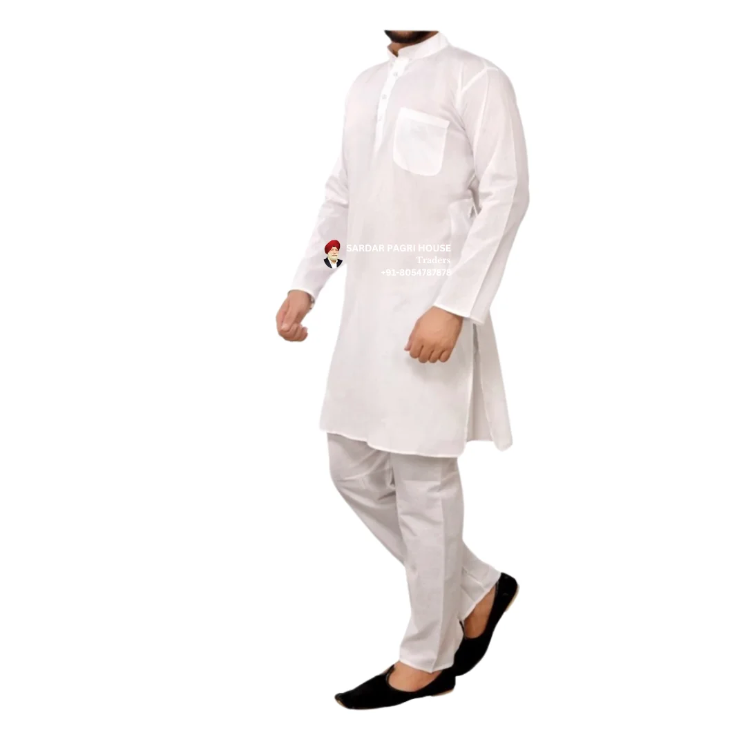 White Cotton Kurta Pajama With Ban Collar