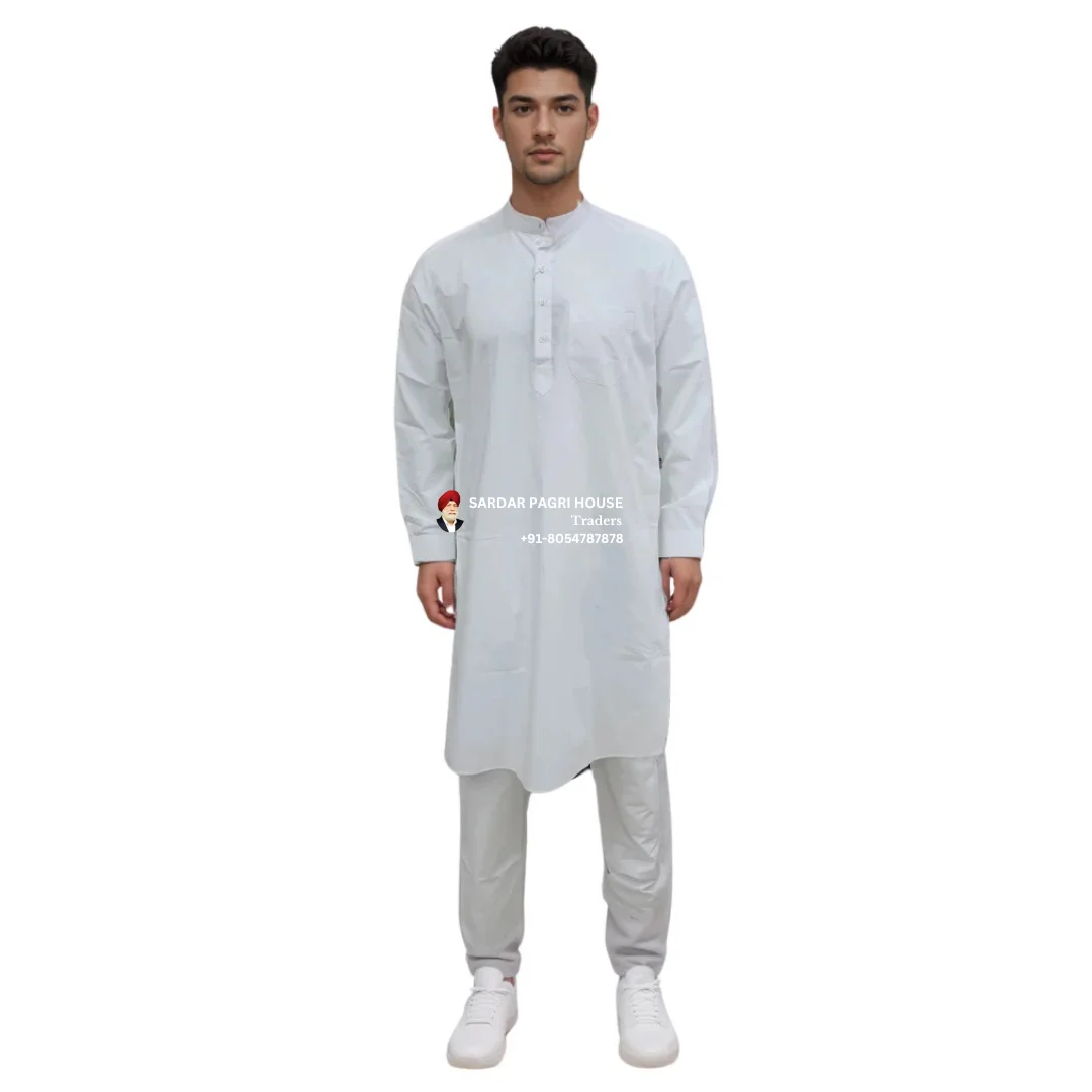 White Giza Cotton Kurta Pajama With Ban Collar