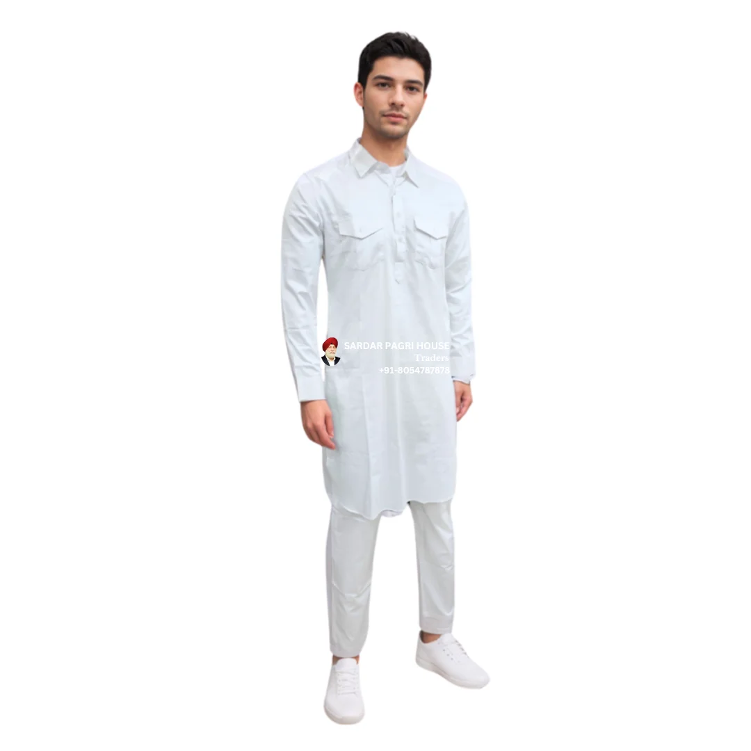 White Giza Cotton Pathani Kurta Pajama With Shirt Collar