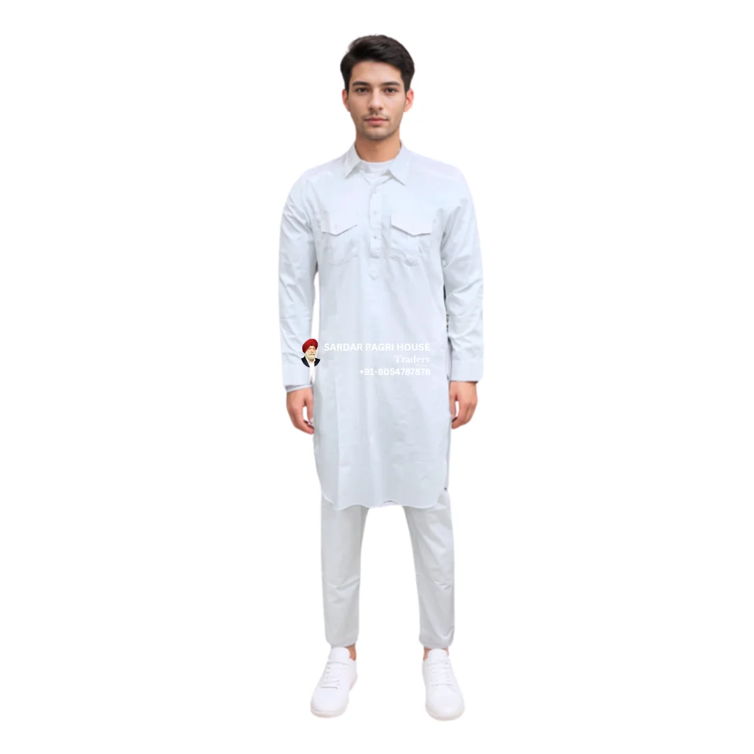 White Giza Cotton Pathani Kurta Pajama With Shirt Collar