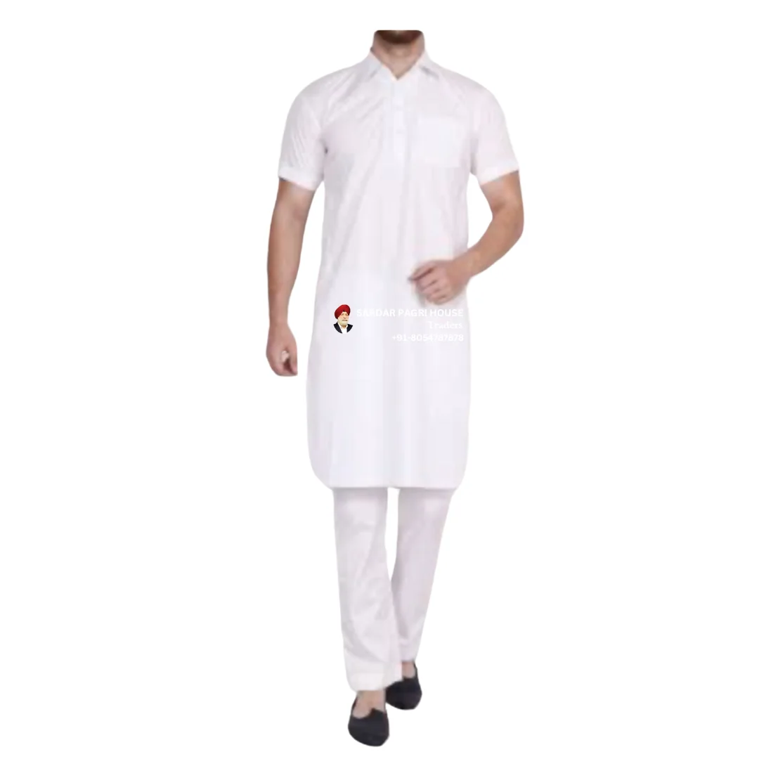 White Muksari Half Sleeve Kurta Pajama For Men