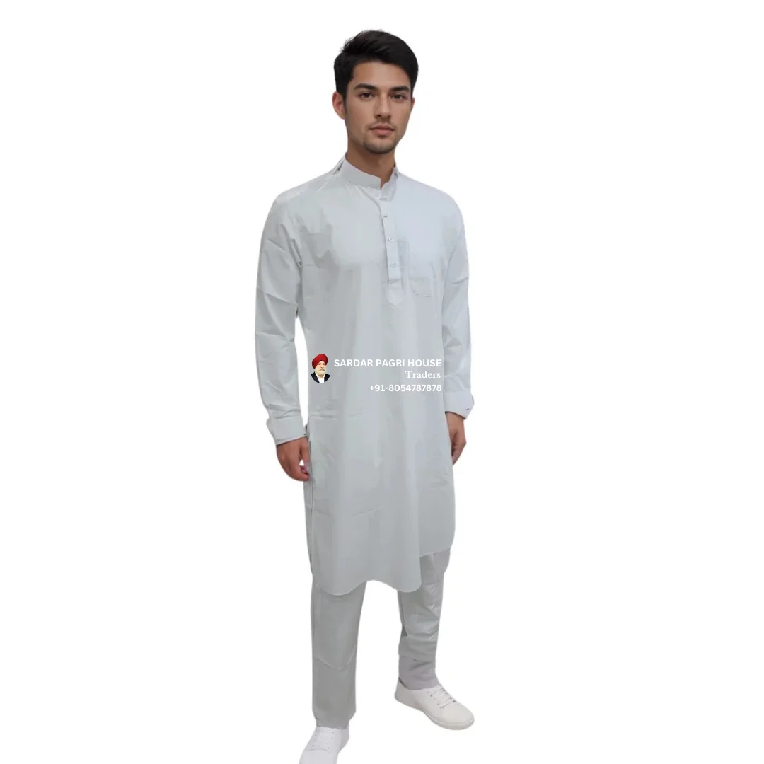 white-poly-cotton-kurta-pajama-with-ban-collar