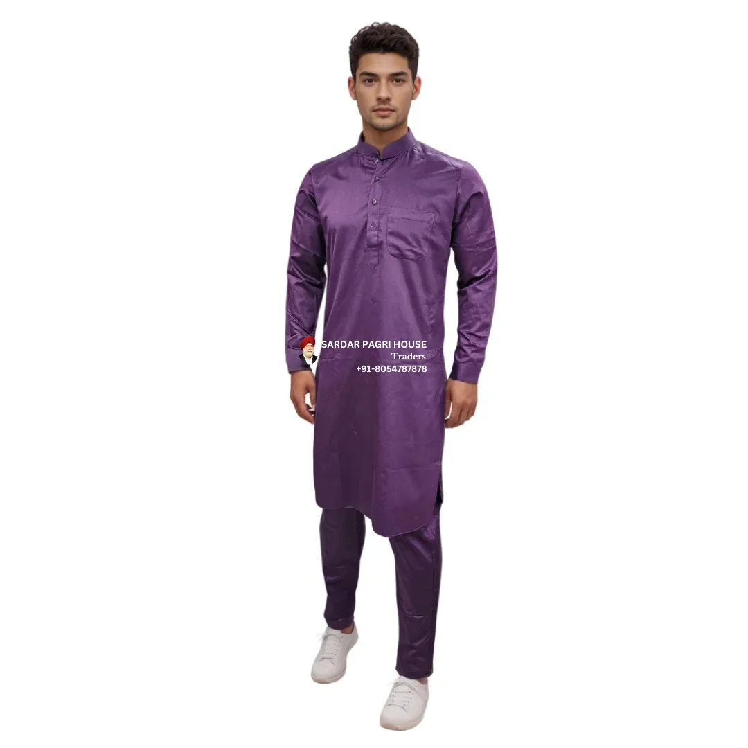 Wine Poly Cotton Kurta Pajama With Ban Collar
