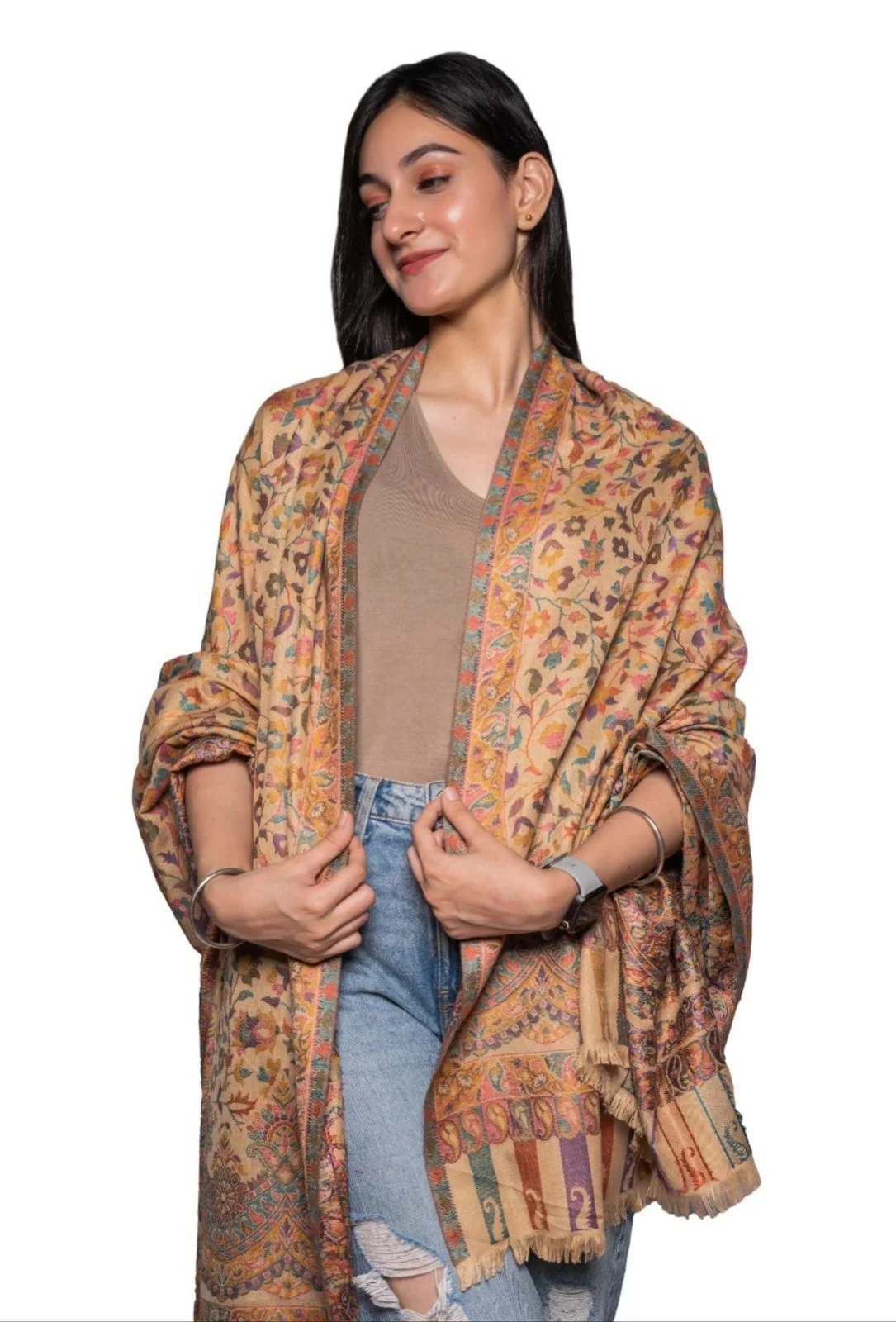 Bisque Wool Pashmina Shawl with Single Kani Work for Men & Women
